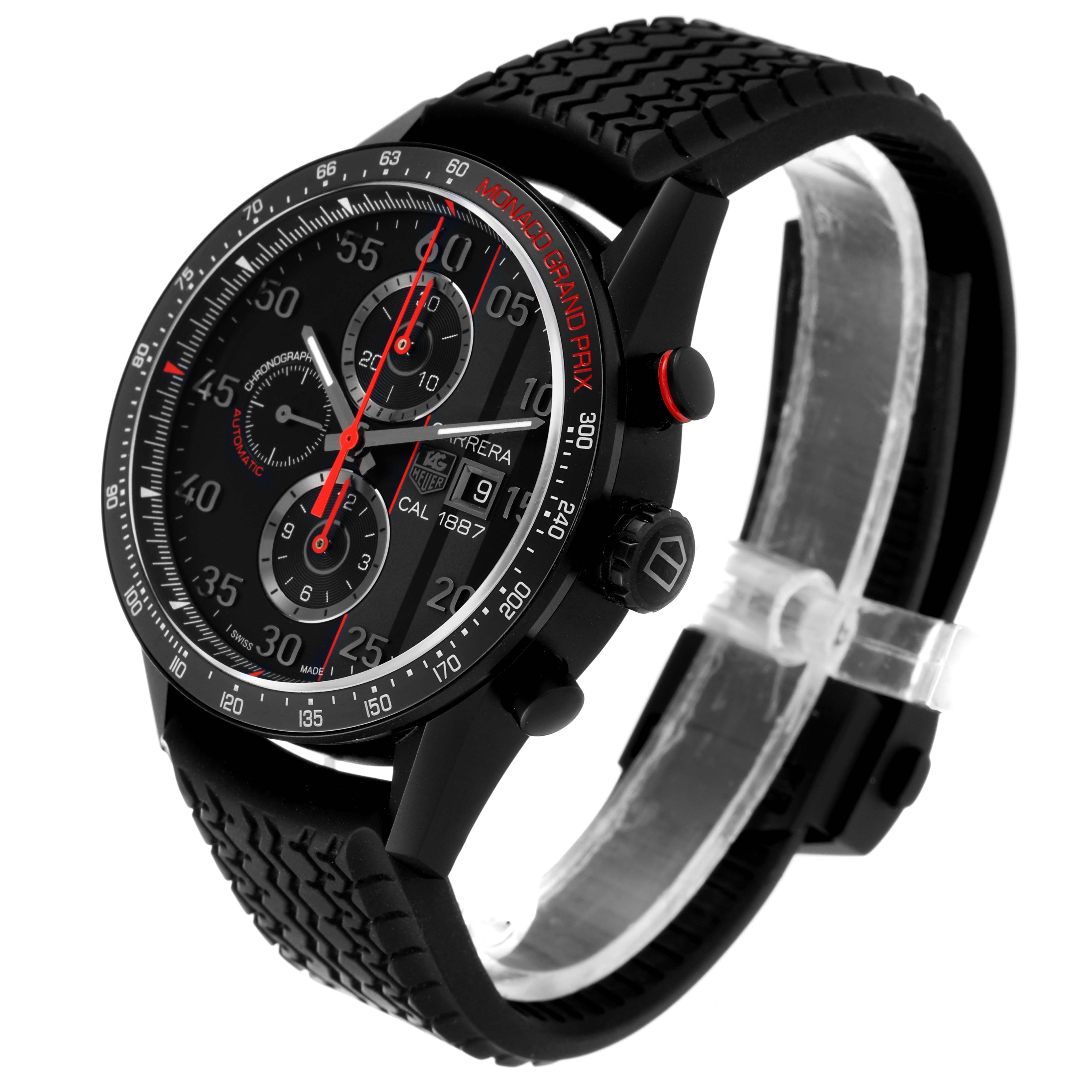 This image showcases a Monaco model by Tag Heuer at an angle highlighting the face, case, bezel, and strap.