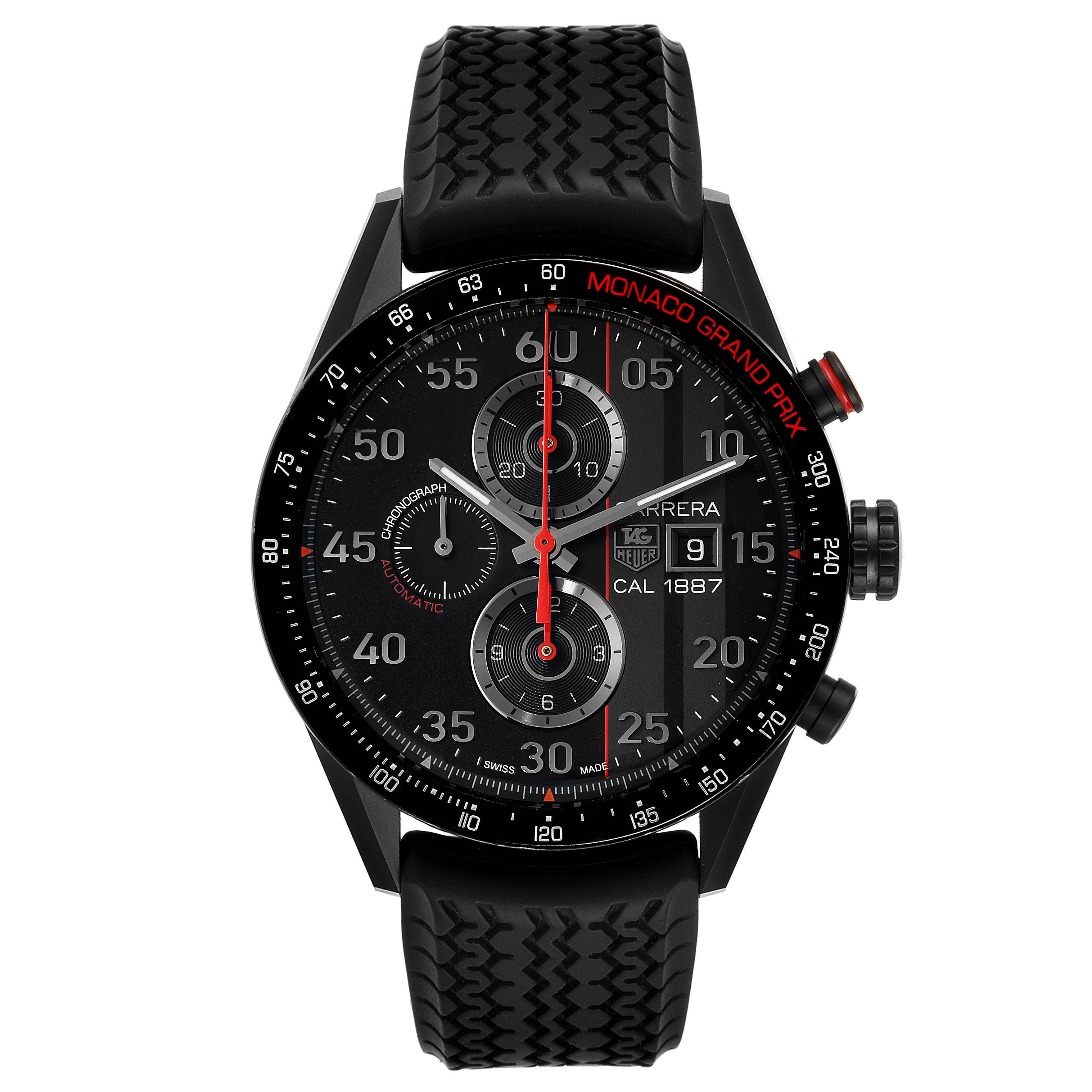 The image shows a Tag Heuer Monaco CAR2A83.FT6033 Men's Titanium Black Dial CAR2A83.FT6033 Men's Titanium Black Dial model watch with a black dial and rubber strap, viewed from the front.