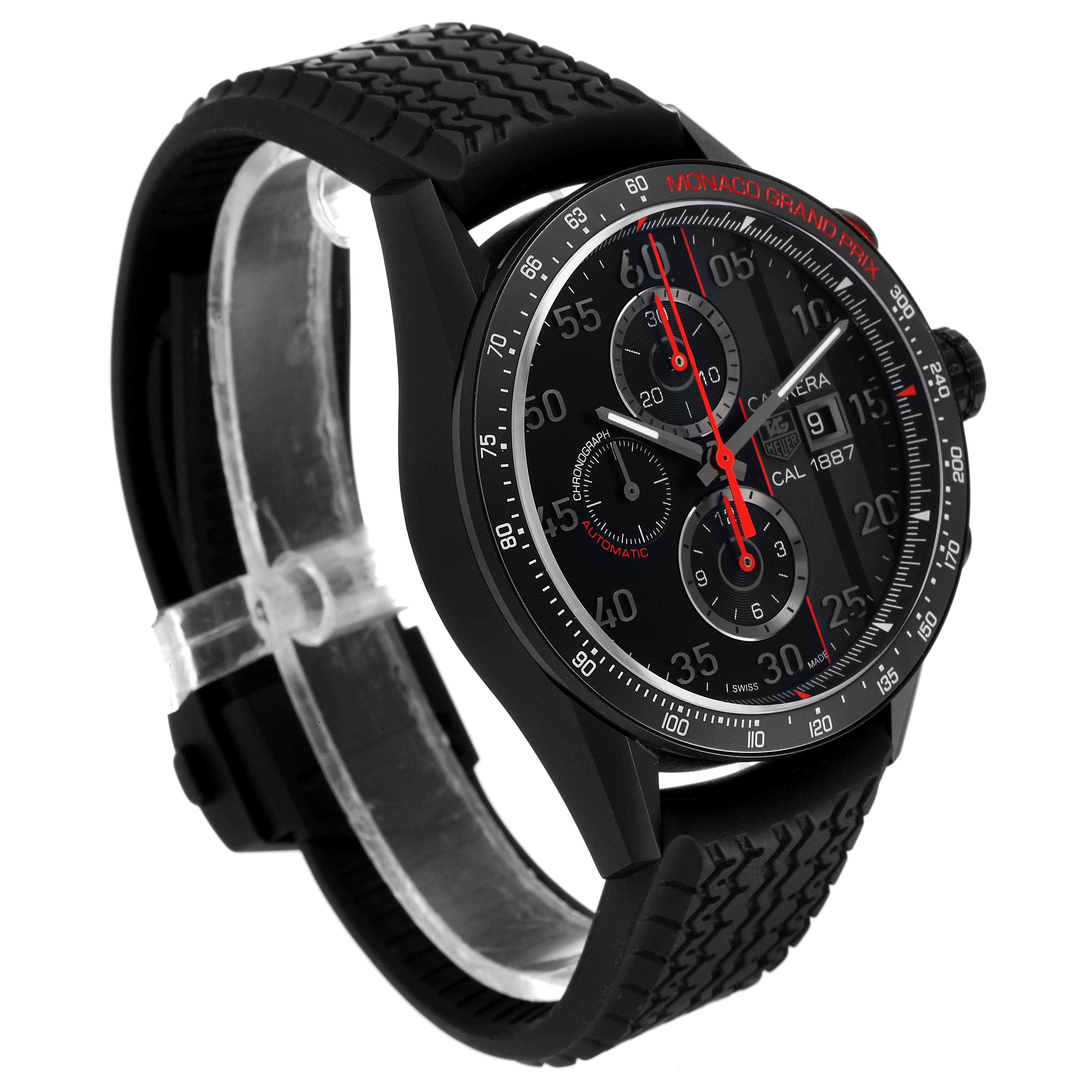 The image shows a Tag Heuer Monaco CAR2A83.FT6033 Men's Titanium Black Dial CAR2A83.FT6033 Men's Titanium Black Dial watch at a three-quarter side angle, highlighting the face, bezel, and strap.