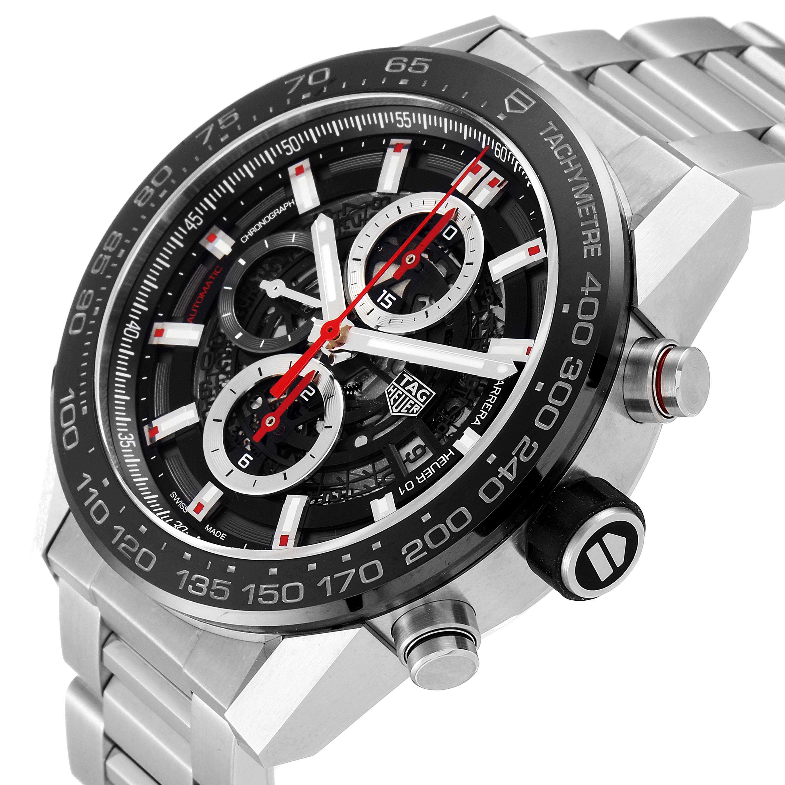 This image shows a close-up, angled view of the face and right side controls of a Tag Heuer Carrera CAR2A1W.BA0703 Men's Stainless Steel Transparent Dial CAR2A1W.BA0703 Men's Stainless Steel Transparent Dial watch.