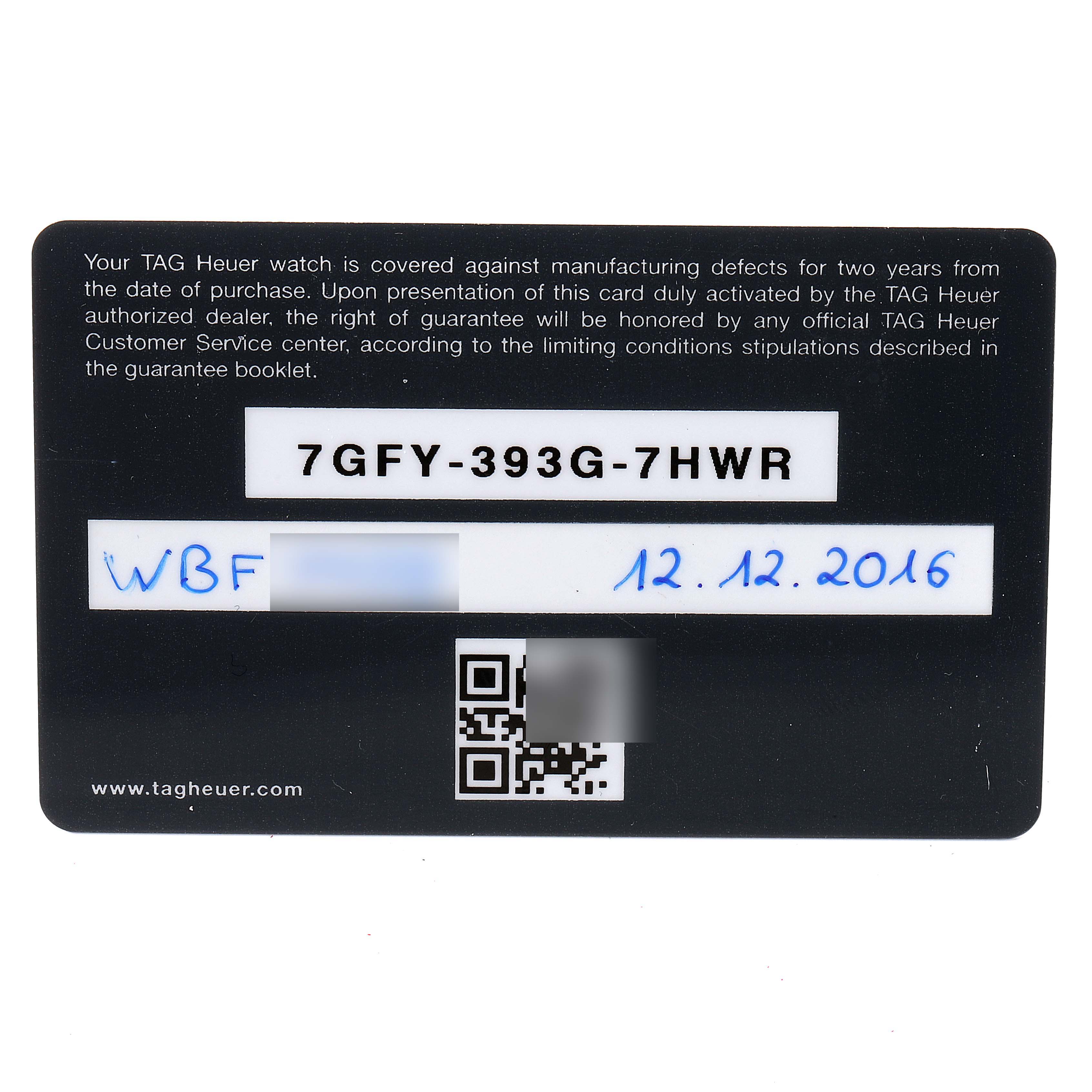 This image shows the warranty card of a Tag Heuer Carrera CAR2A1W.BA0703 Men's Stainless Steel Transparent Dial CAR2A1W.BA0703 Men's Stainless Steel Transparent Dial watch, featuring its serial number and date of purchase.