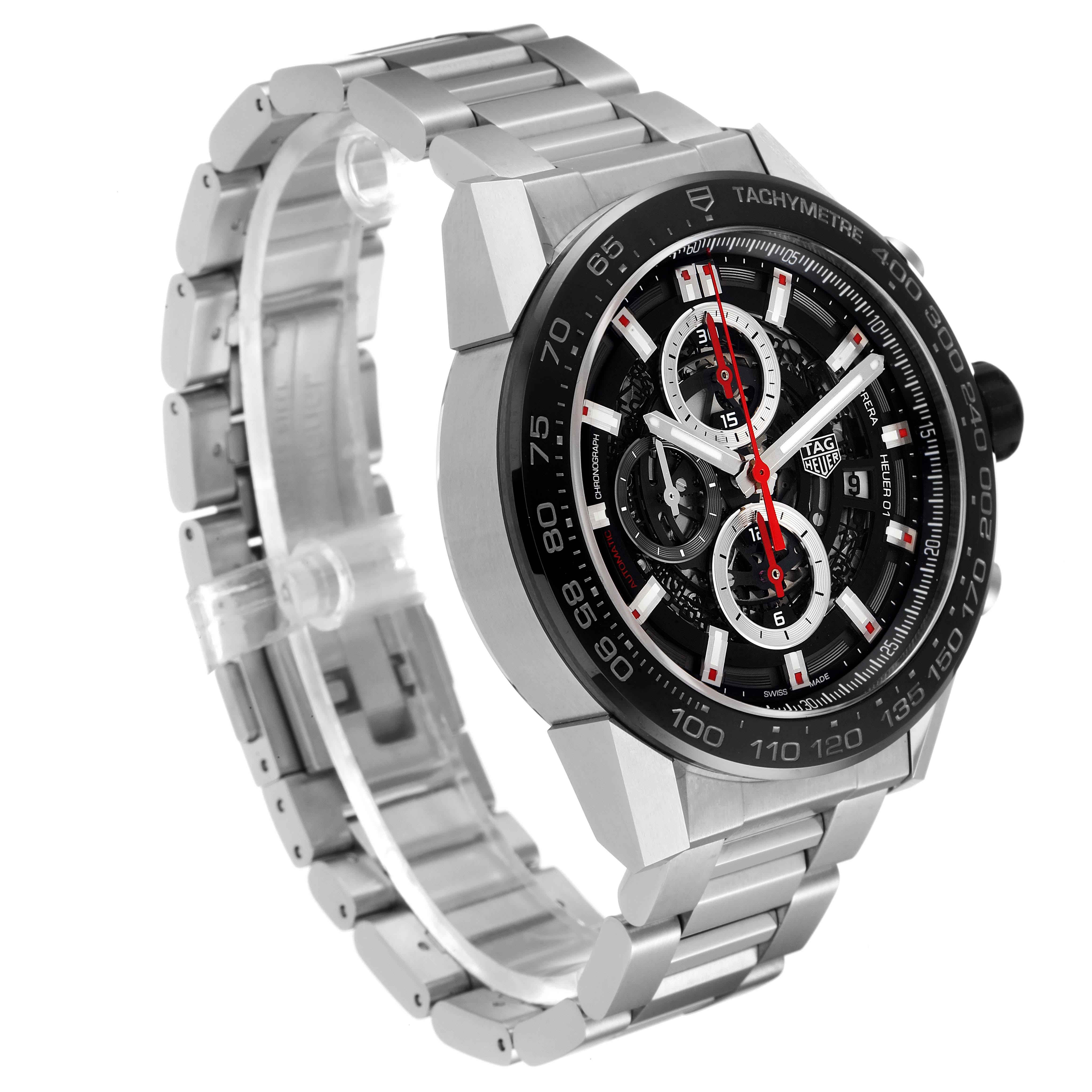 The image shows a side angle view of a Tag Heuer Carrera CAR2A1W.BA0703 Men's Stainless Steel Transparent Dial CAR2A1W.BA0703 Men's Stainless Steel Transparent Dial watch, highlighting the bracelet and detailed face with tachymeter markings.