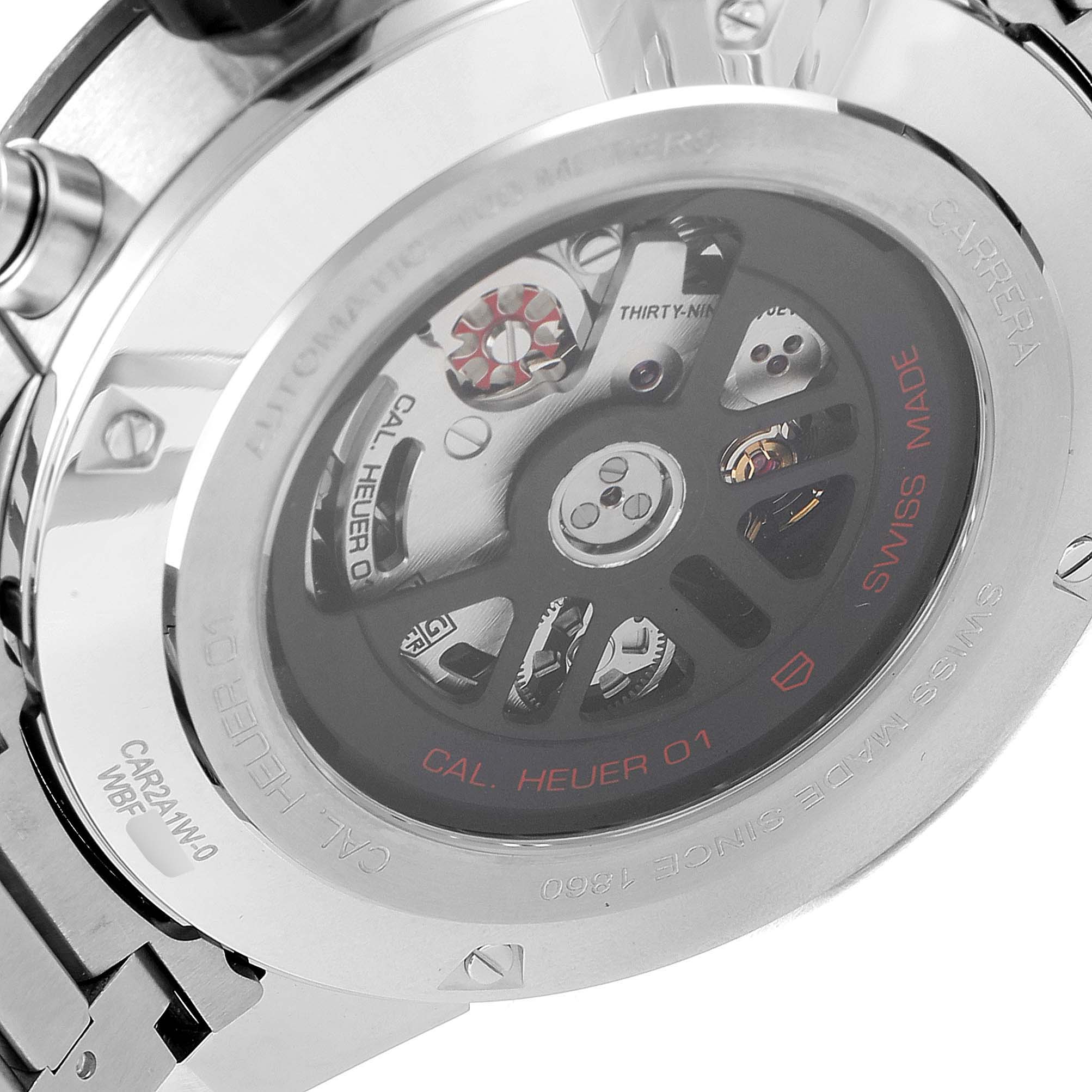The image shows the back view of a Tag Heuer Carrera CAR2A1W.BA0703 Men's Stainless Steel Transparent Dial CAR2A1W.BA0703 Men's Stainless Steel Transparent Dial watch, highlighting its automatic movement mechanism.