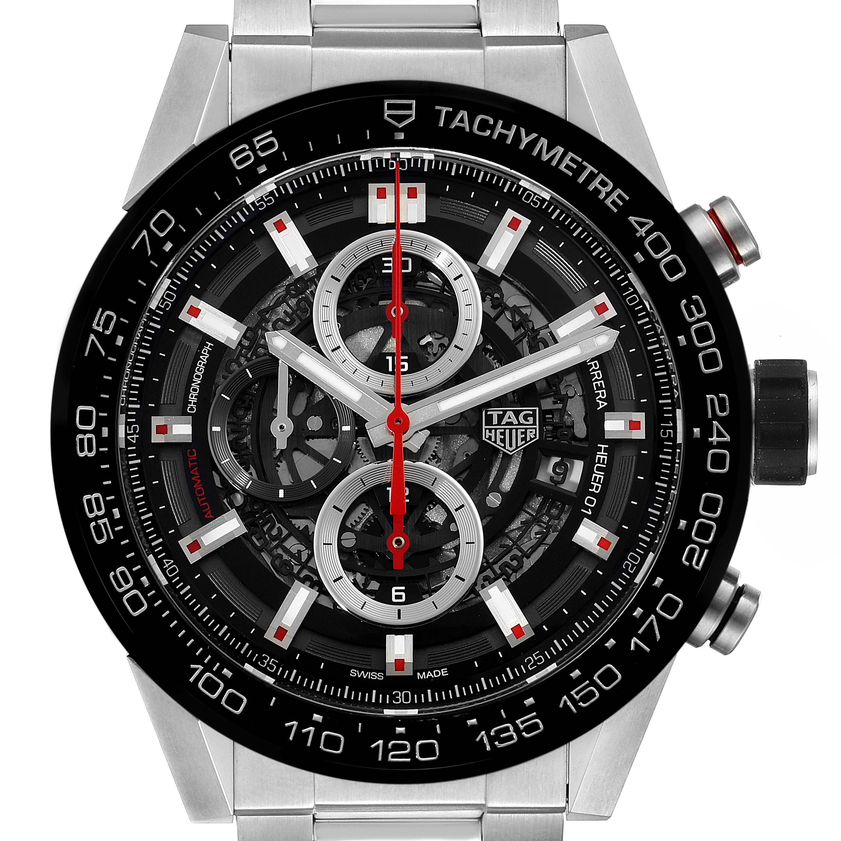 The image shows the front view of the Tag Heuer Carrera CAR2A1W.BA0703 Men's Stainless Steel Transparent Dial CAR2A1W.BA0703 Men's Stainless Steel Transparent Dial watch, highlighting the dial, tachymetre bezel, and chronograph subdials.