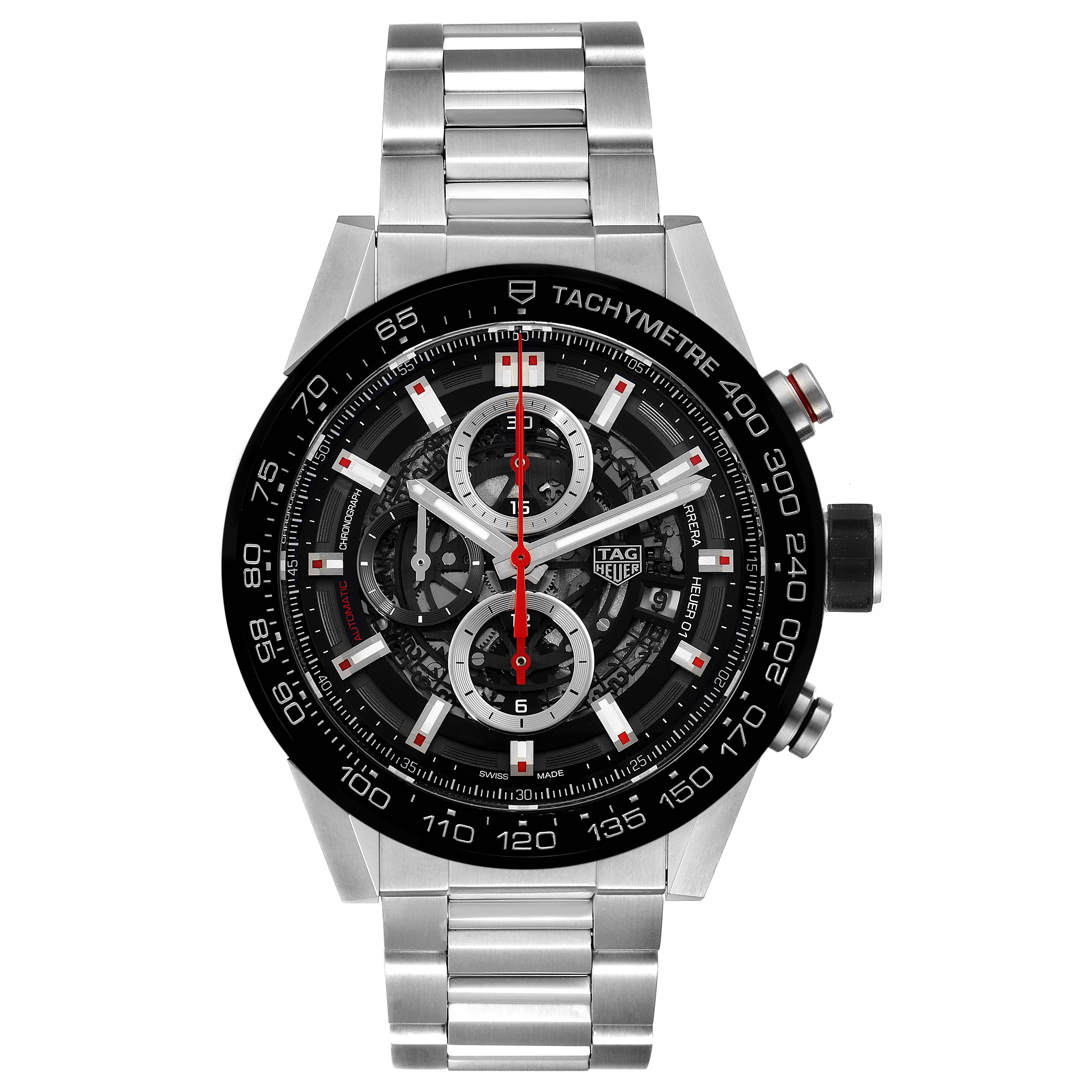The image shows a front view of the Tag Heuer Carrera CAR2A1W.BA0703 Men's Stainless Steel Transparent Dial CAR2A1W.BA0703 Men's Stainless Steel Transparent Dial watch, highlighting the dial, tachymeter bezel, and stainless steel bracelet.