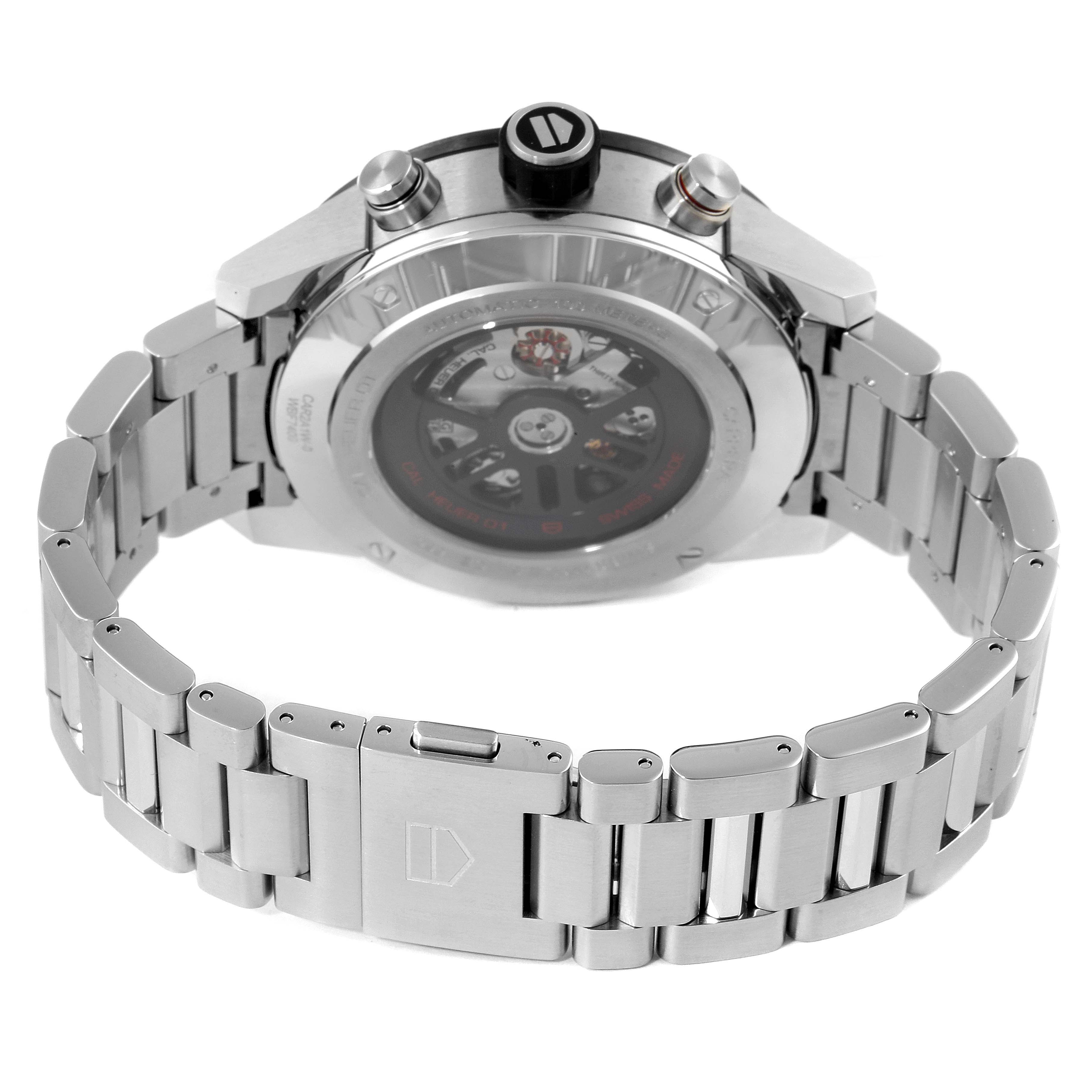 The image shows the back view of a Tag Heuer Carrera CAR2A1W.BA0703 Men's Stainless Steel Transparent Dial CAR2A1W.BA0703 Men's Stainless Steel Transparent Dial watch highlighting the bracelet, clasp, and transparent case back.