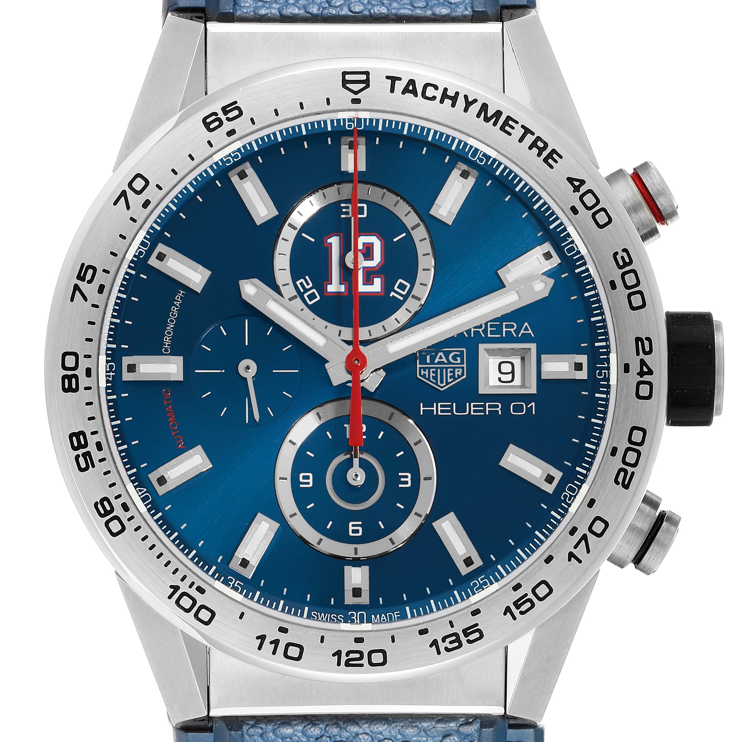 The Tag Heuer Carrera CAR201R Men's Stainless Steel Blue Dial model is shown from the front, featuring the dial, subdials, and tachymeter bezel.