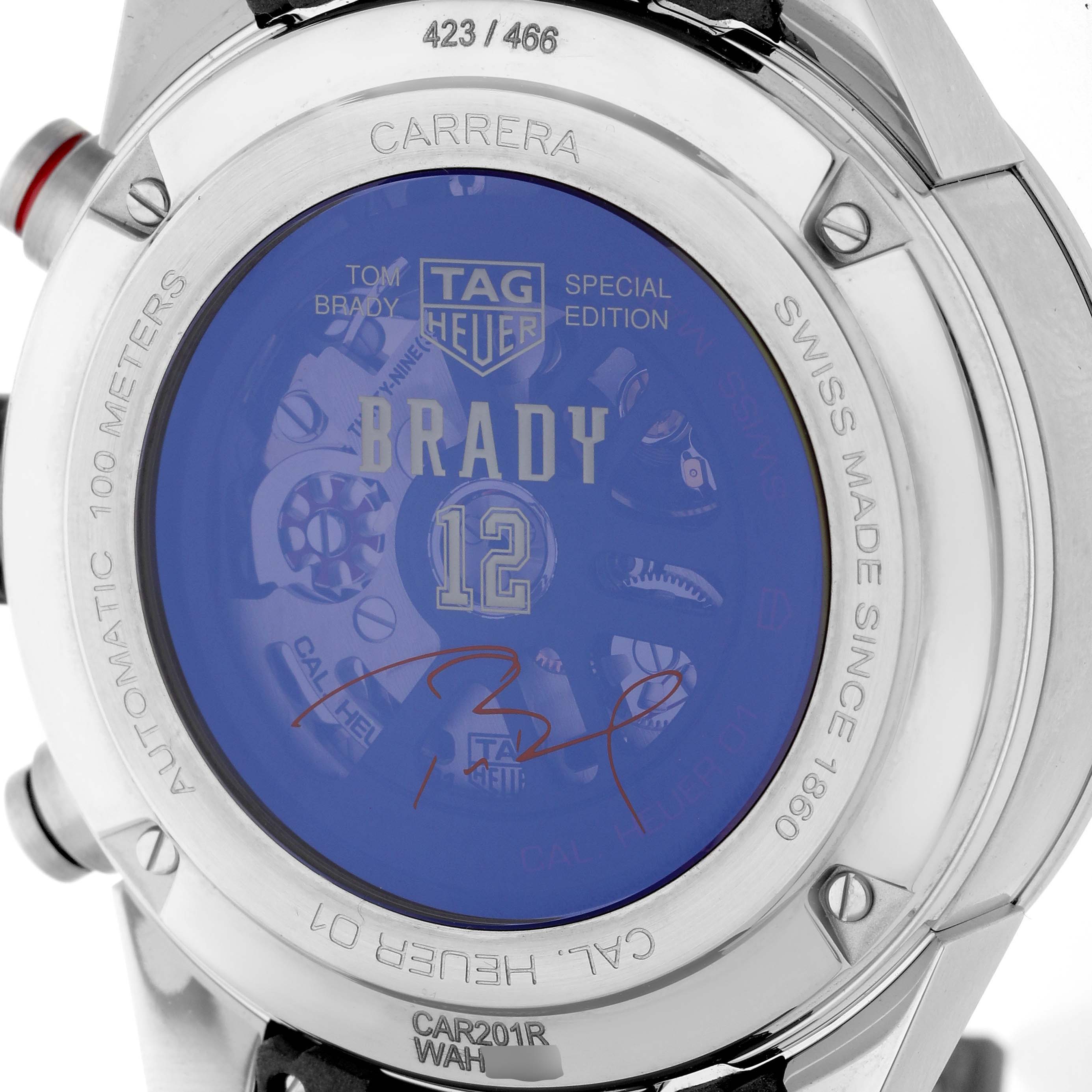 The image shows the back case of the Tag Heuer Carrera CAR201R Men's Stainless Steel Blue Dial watch, highlighting its special edition details.