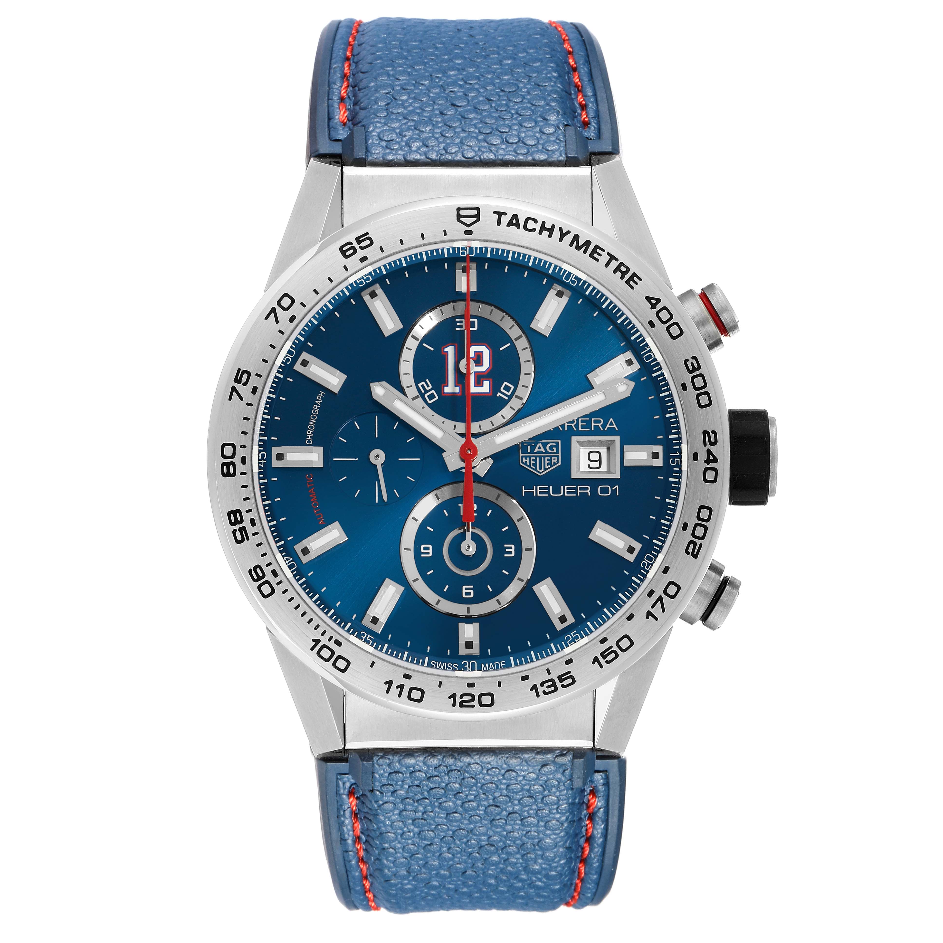 The Tag Heuer Carrera CAR201R Men's Stainless Steel Blue Dial is shown from the front, featuring its face, bezel, subdials, and blue leather strap.