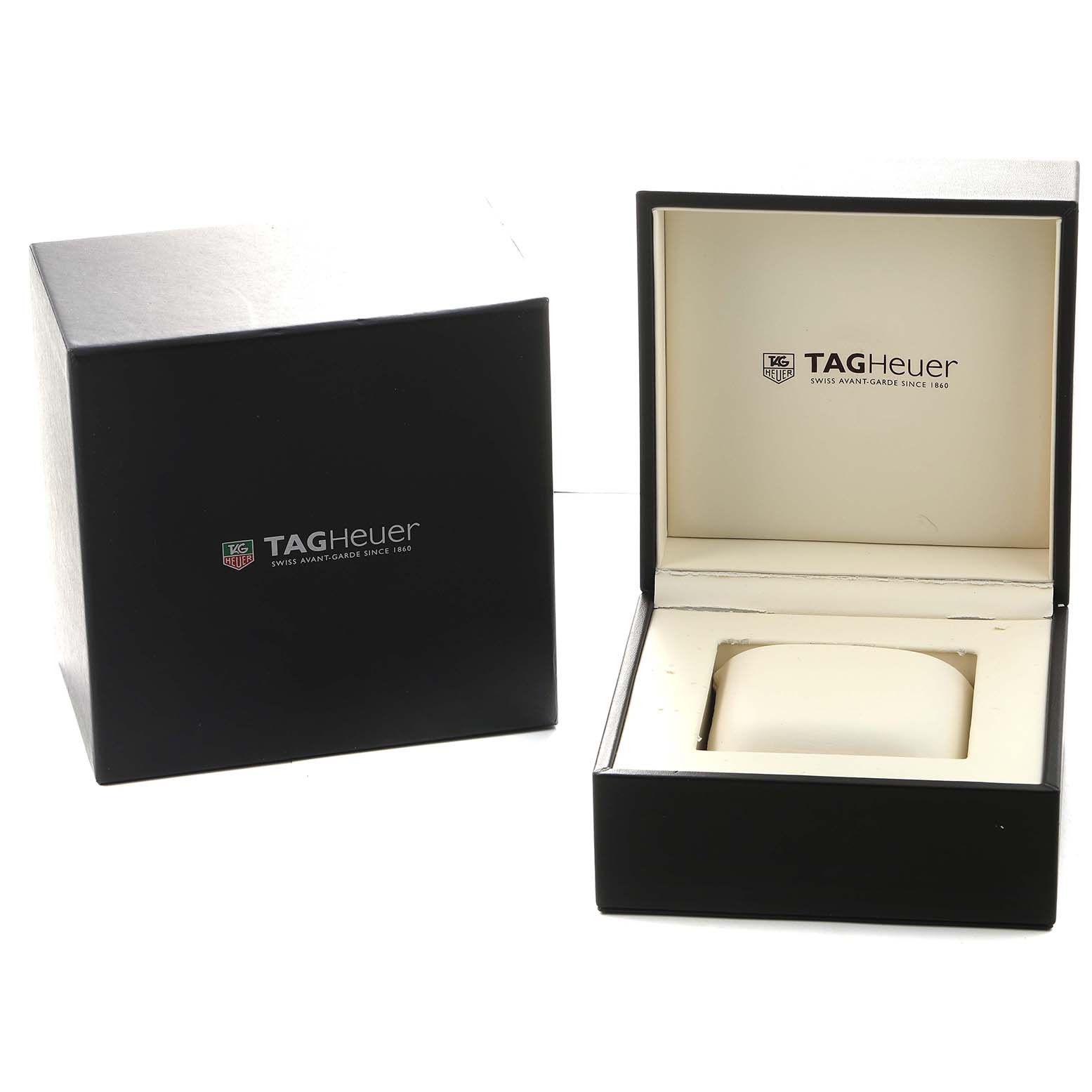 The image shows the packaging for the TAG Heuer Carrera, including an open watch box and its outer box.