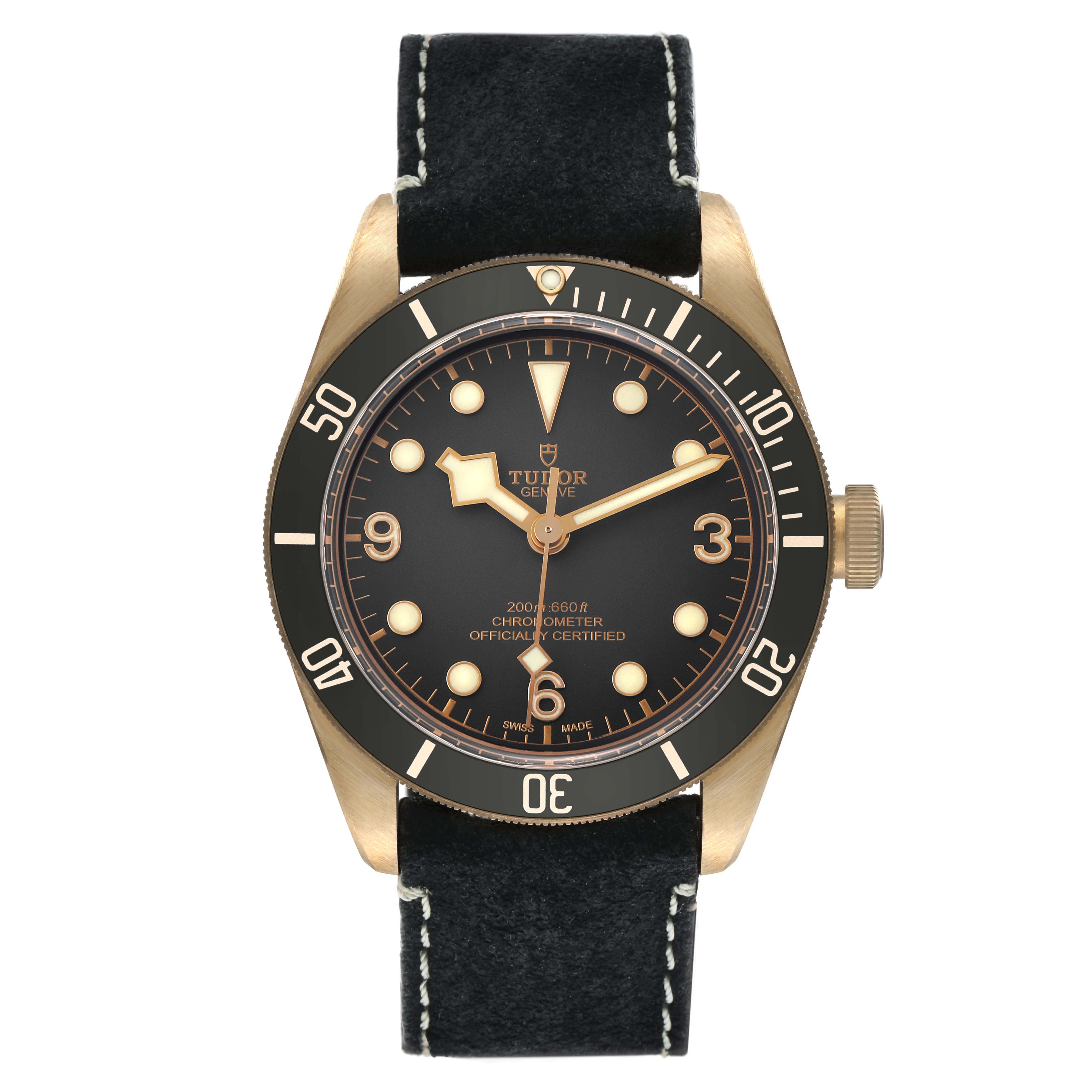 The Tudor Heritage Black Bay 79250 Men's Bronze Black Dial watch is shown from the front, highlighting the dial, case, bezel, and strap.