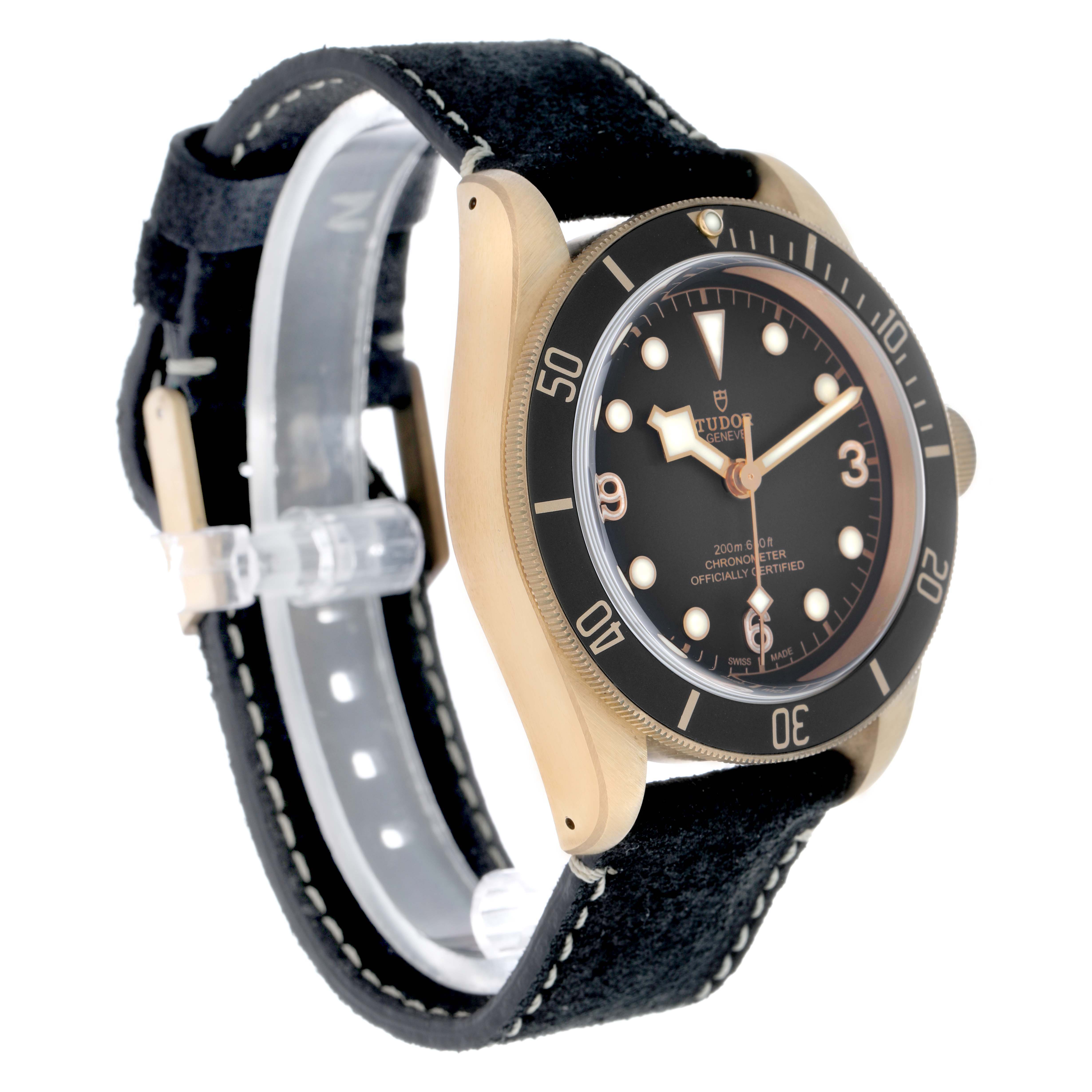 The image shows a Tudor Heritage Black Bay 79250 Men's Bronze Black Dial watch at a three-quarter angle, highlighting the dial, bezel, case, and strap.