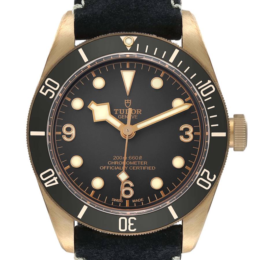 The Tudor Heritage Black Bay 79250 Men's Bronze Black Dial watch is shown from the front, displaying its dial, bezel, crown, and case.