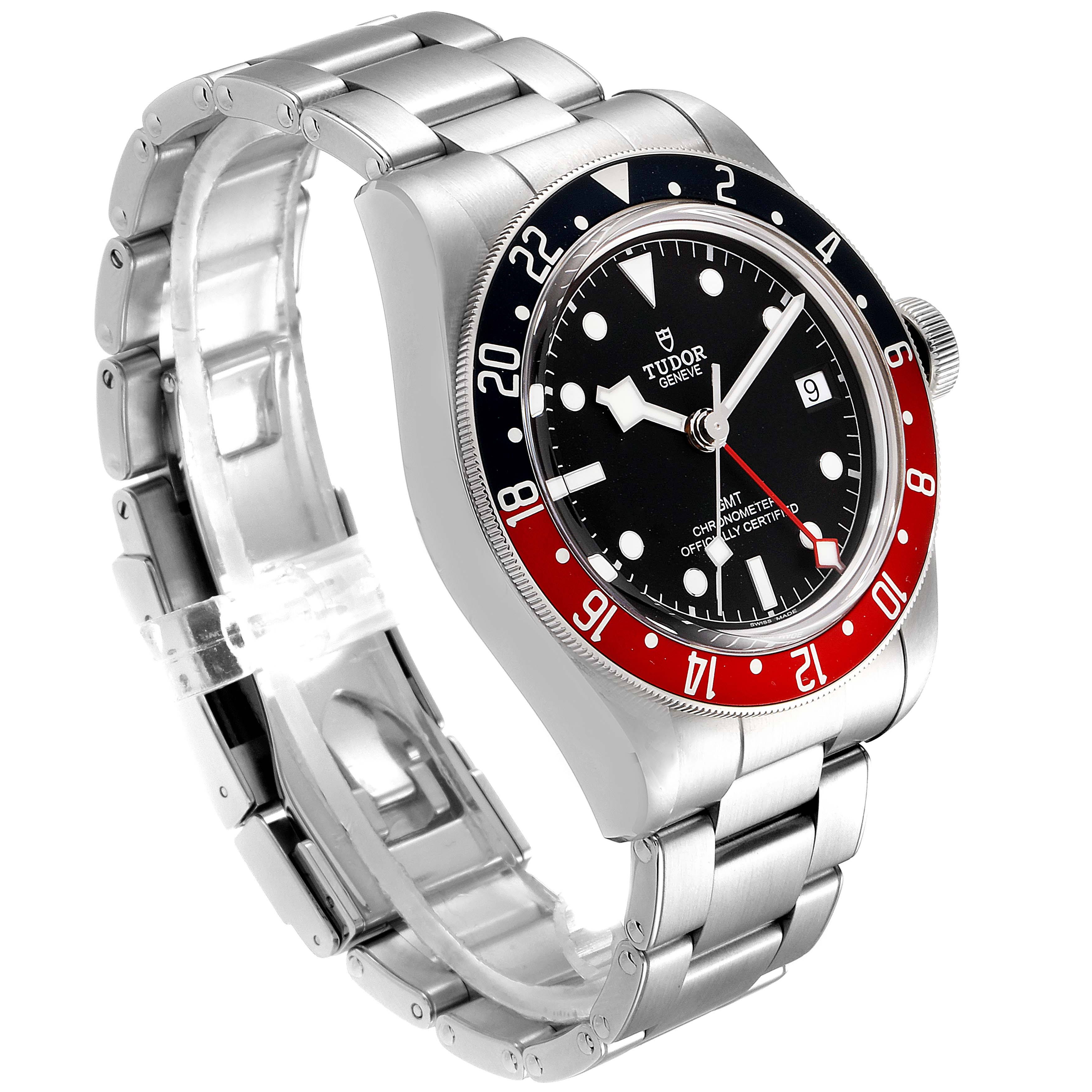 The image shows a Heritage Black Bay GMT by Tudor at an angle highlighting its bezel, dial, crown, and bracelet.