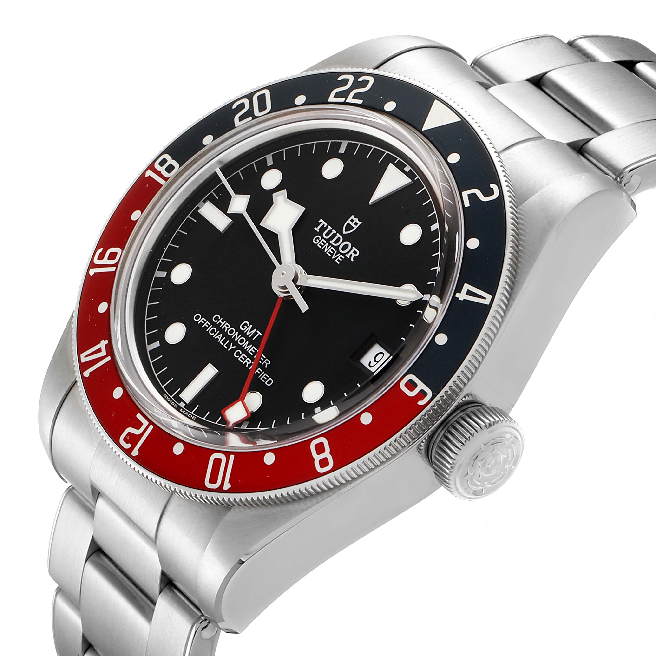 The image shows a Tudor Heritage Black Bay 79830RB Men
s Stainless Steel Black Dial 79830RB Men
s Stainless Steel Black Dial watch at a three-quarter angle, highlighting the dial, bezel, crown, and stainless steel bracelet.