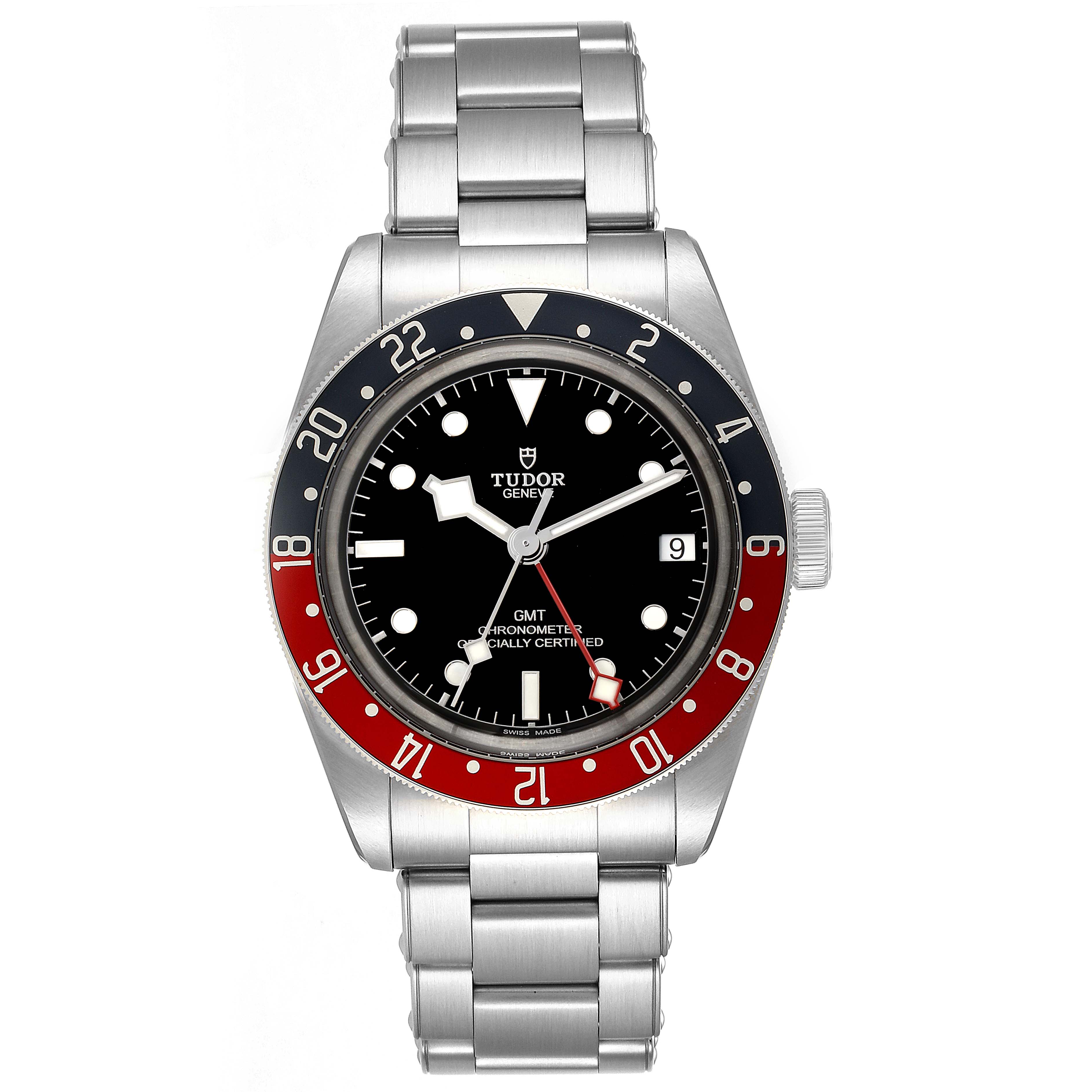 This image shows the Tudor Heritage Black Bay 79830RB Men
s Stainless Steel Black Dial 79830RB Men
s Stainless Steel Black Dial watch from a front angle, highlighting its bezel, dial, hands, and bracelet.