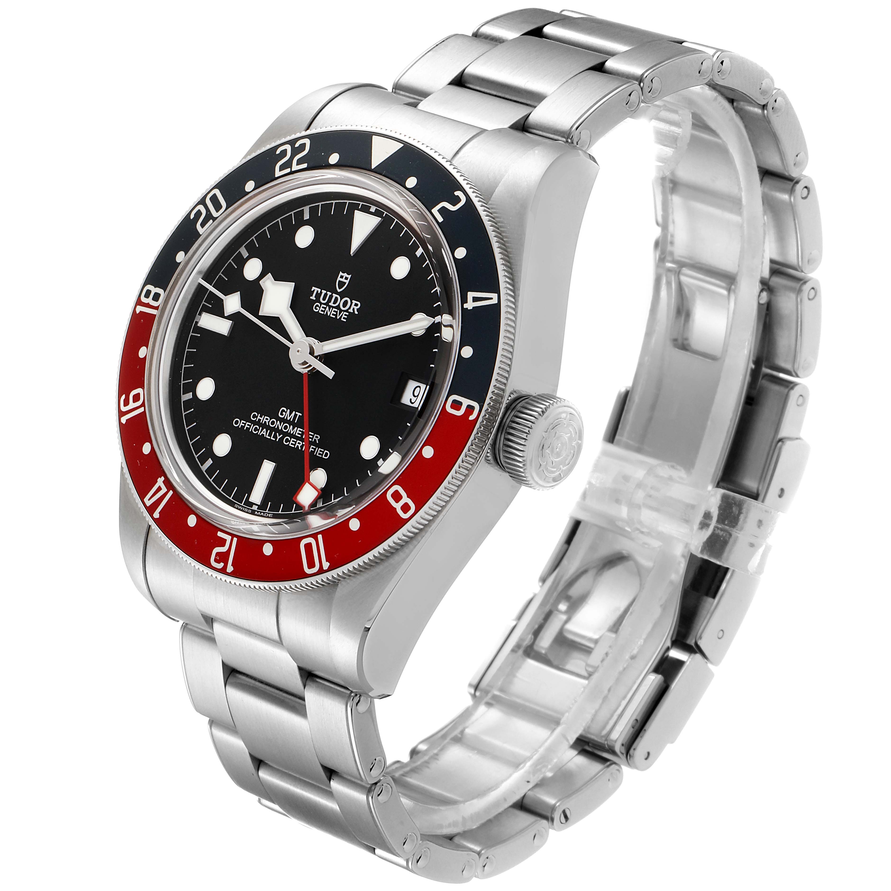 The Tudor Heritage Black Bay 79830RB Men
s Stainless Steel Black Dial 79830RB Men
s Stainless Steel Black Dial watch is shown at a three-quarter angle, highlighting the bezel, dial, bracelet, and crown.