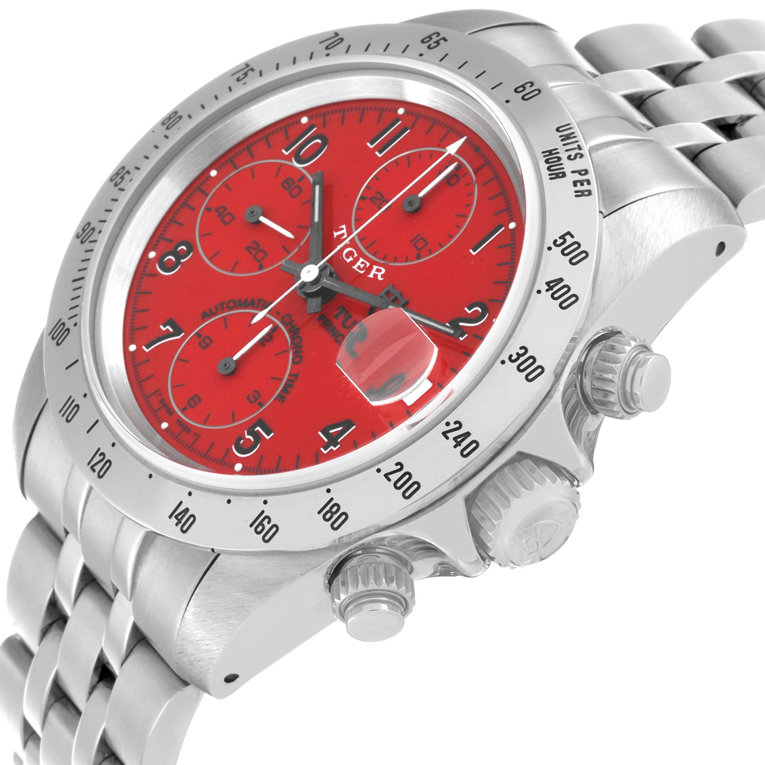 The Tudor Tiger 79280 Men's Stainless Steel Red Dial 79280 Men's Stainless Steel Red Dial model watch is shown from an angled side view, highlighting its red dial, bezel, and crown.