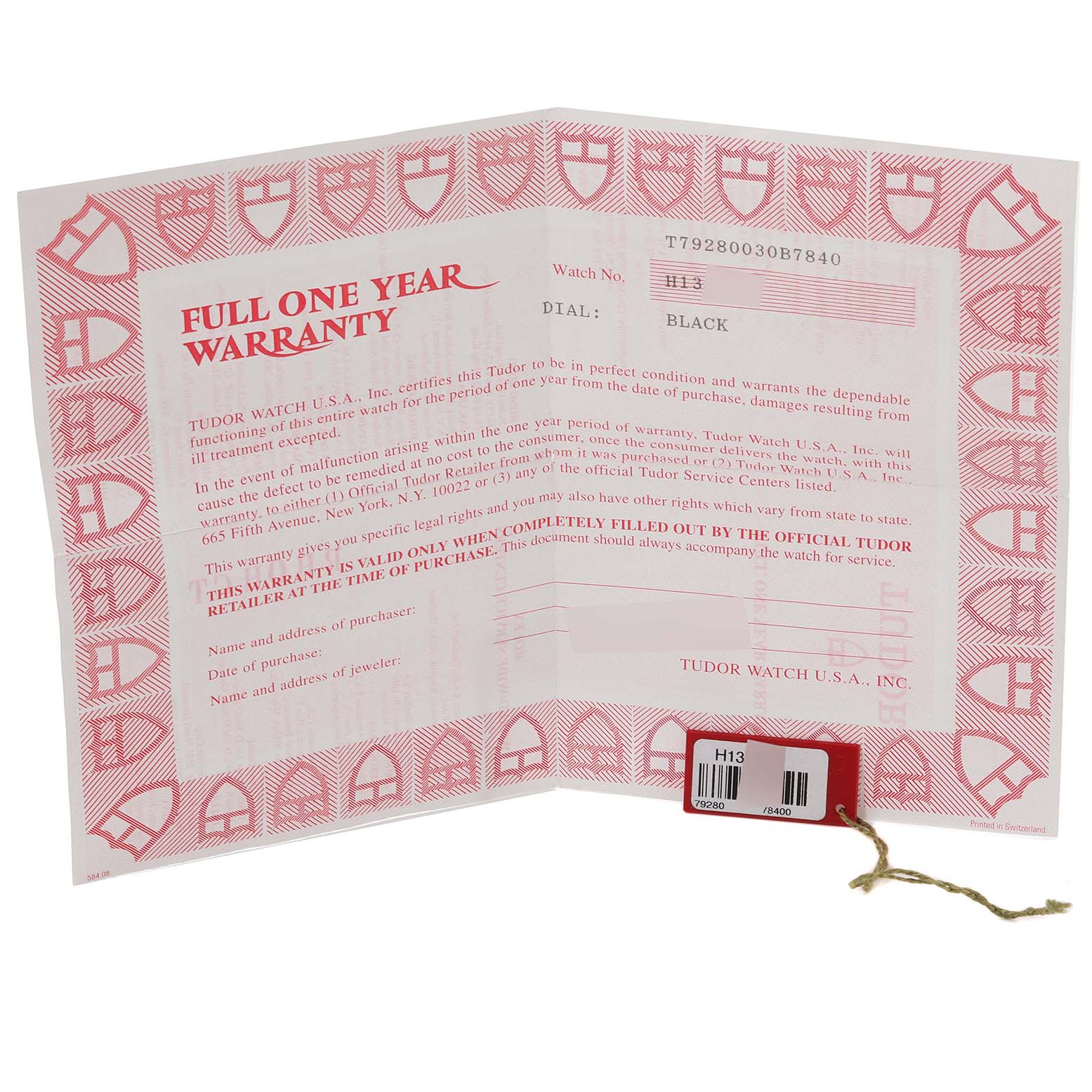 This image shows the warranty card and document for the Tudor Tiger 79280 Men's Stainless Steel Red Dial 79280 Men's Stainless Steel Red Dial watch model.