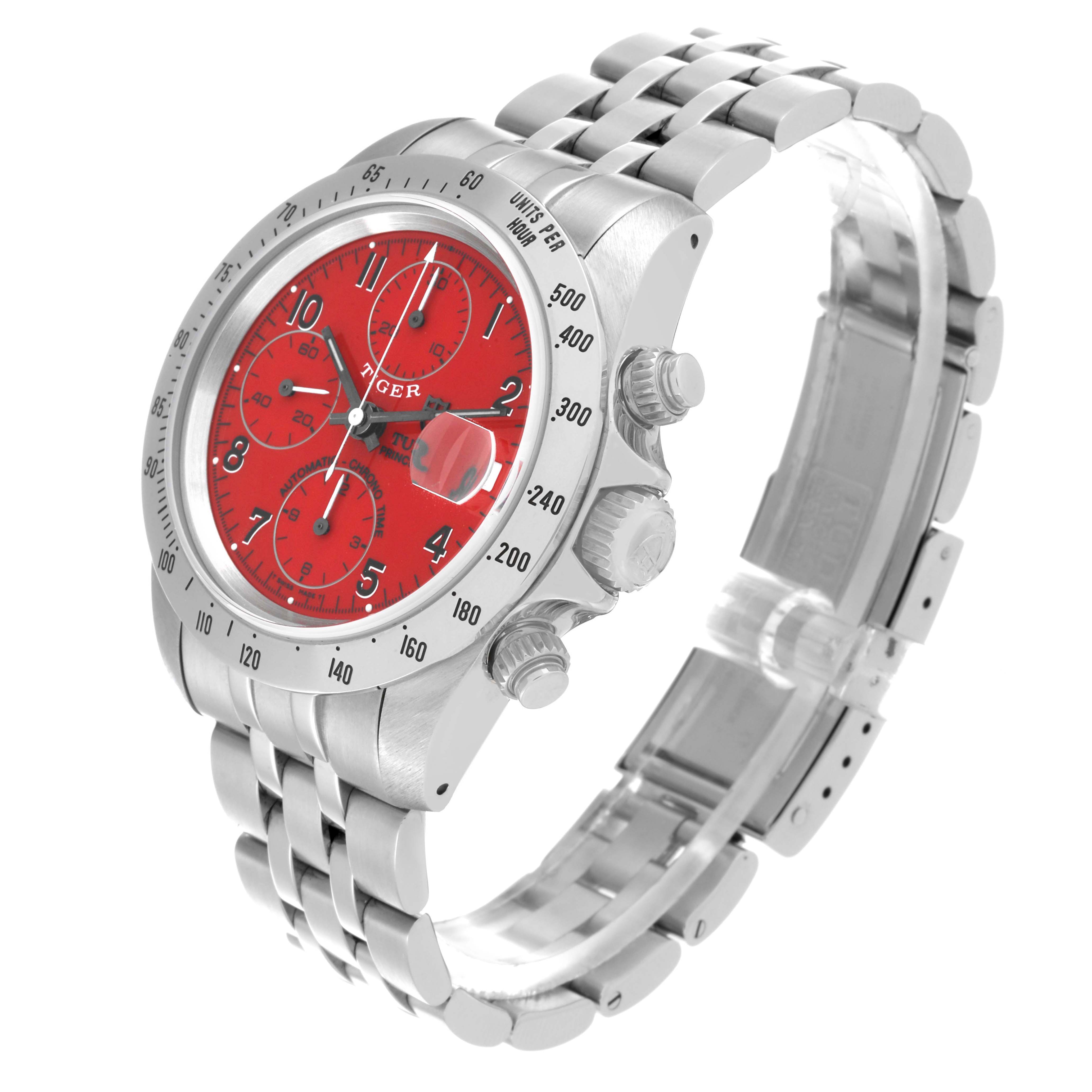 The Tudor Tiger 79280 Men's Stainless Steel Red Dial 79280 Men's Stainless Steel Red Dial model watch is shown at a three-quarter angle, displaying the bezel, crown, dial, sub-dials, and bracelet.