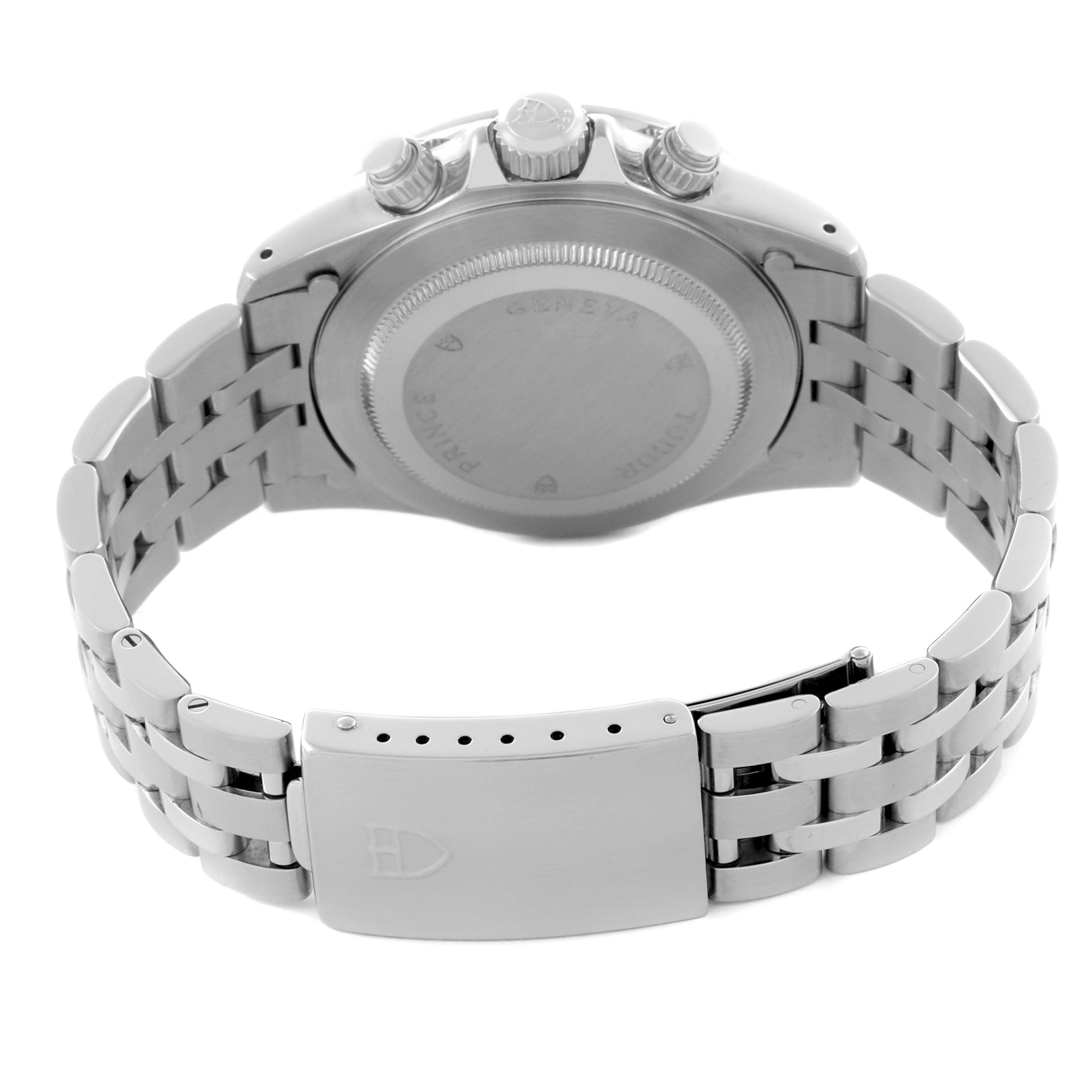 The image shows the back view of the Tudor Tiger 79280 Men's Stainless Steel Red Dial 79280 Men's Stainless Steel Red Dial model, highlighting the case back, bracelet, and clasp.