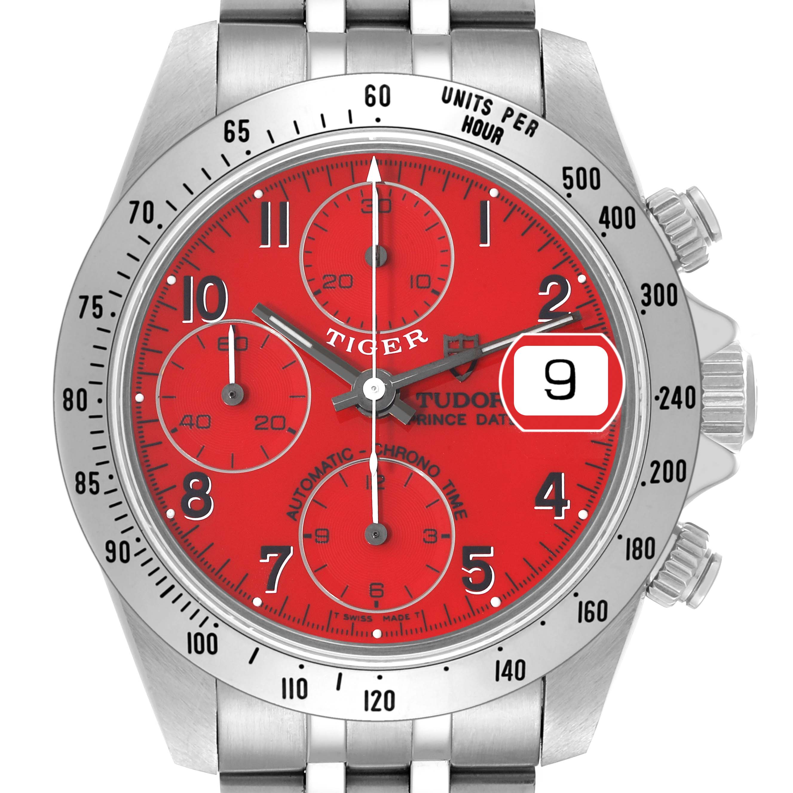 This image shows a frontal view of the Tudor Tiger 79280 Men's Stainless Steel Red Dial 79280 Men's Stainless Steel Red Dial model watch with a stainless steel band and a bright red dial.