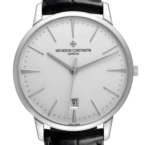 The Vacheron Constantin Patrimony 85180/000G-9230 Men's White Gold Silver Dial watch is shown from a front angle, highlighting the dial, hands, and date display.
