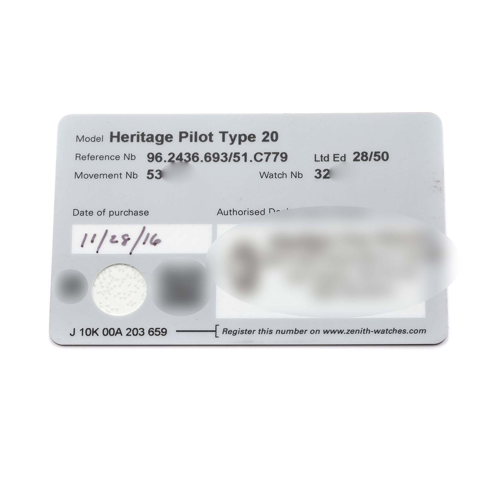 The image shows a warranty card featuring details for the Zenith Heritage Pilot Type 20 watch.