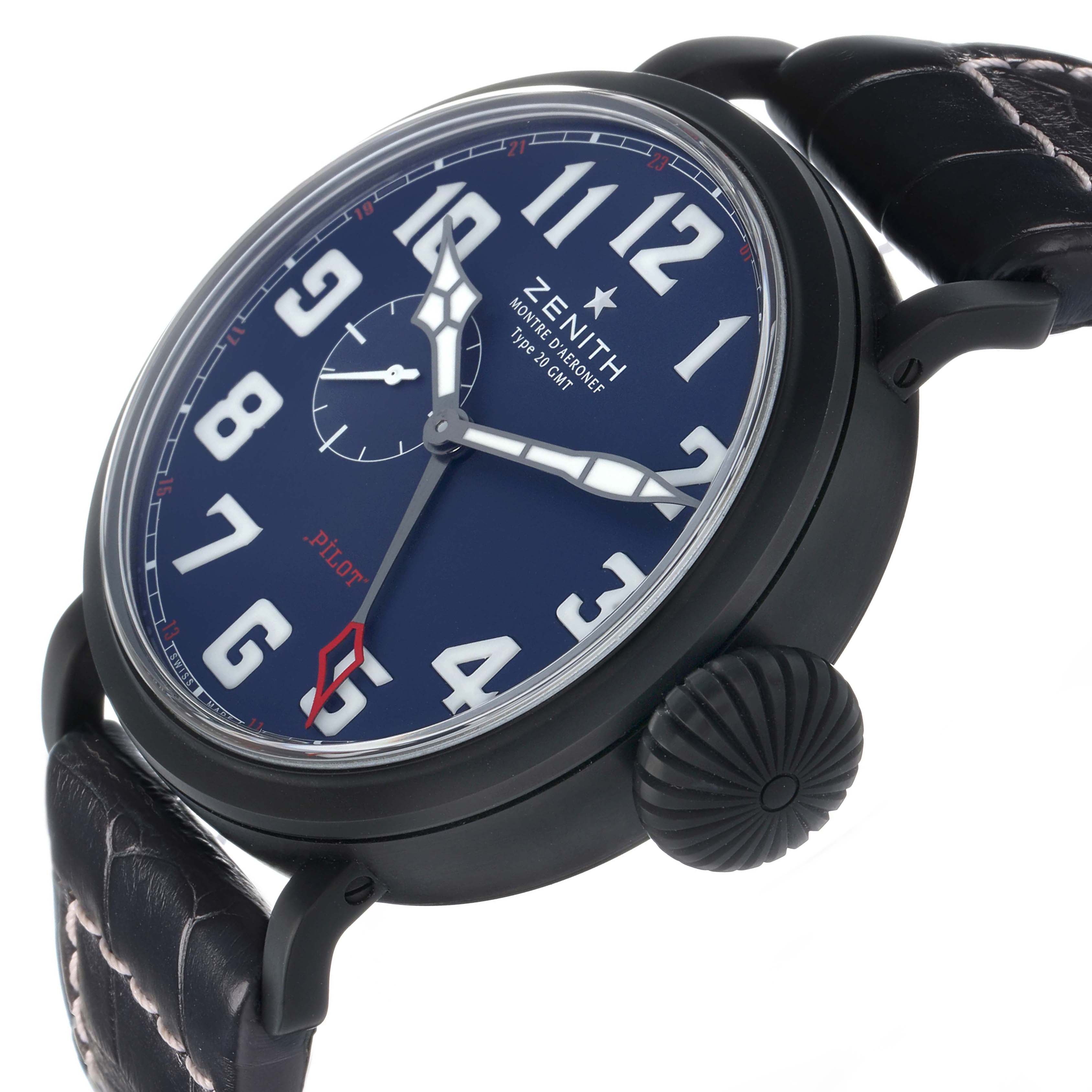 The Zenith Pilot 96.2436.693 Men's Titanium Blue Dial watch is shown at a three-quarter angle, highlighting the dial, crown, and partially visible strap.