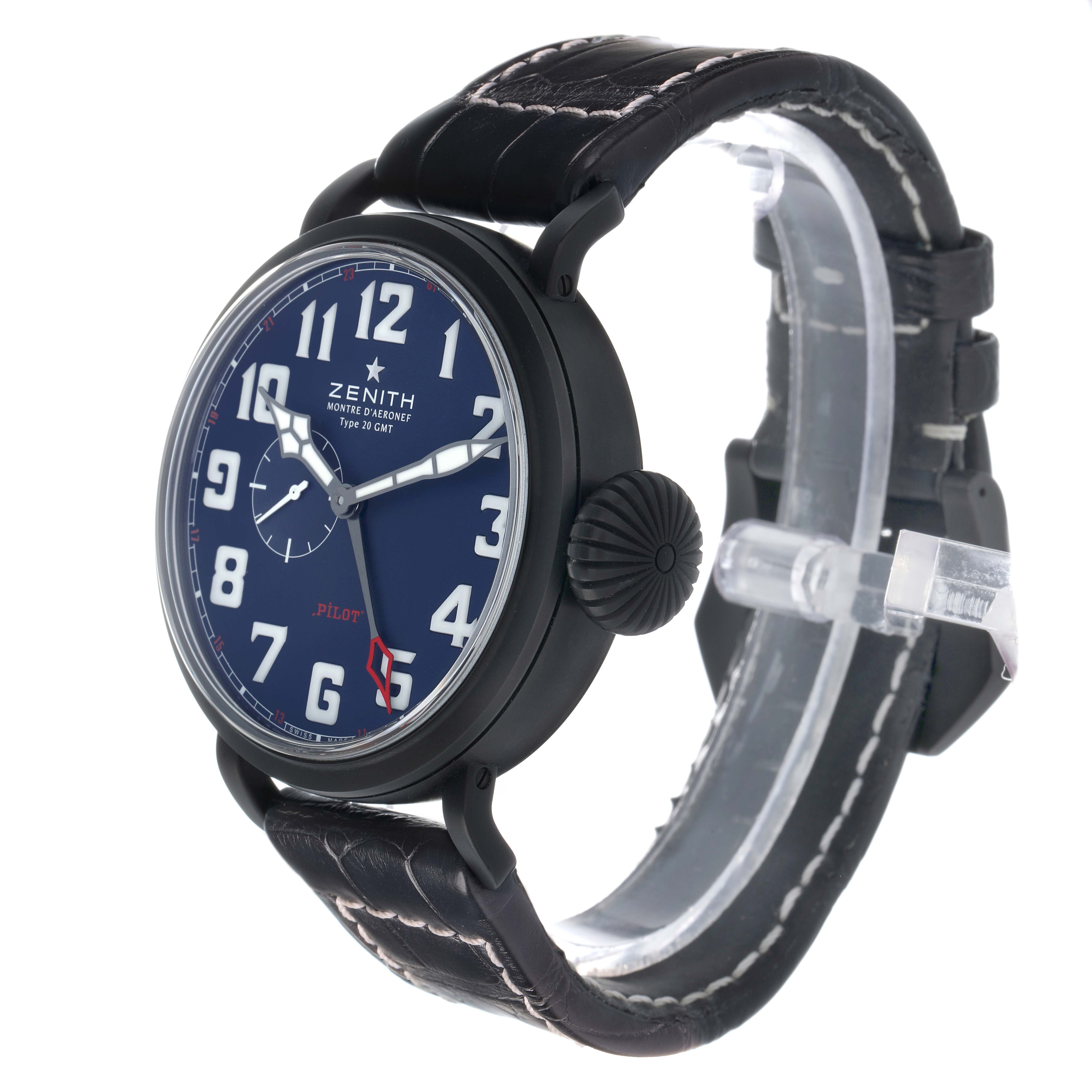 The Zenith Pilot 96.2436.693 Men's Titanium Blue Dial watch is shown at a three-quarter angle, displaying the face, case, and leather strap.