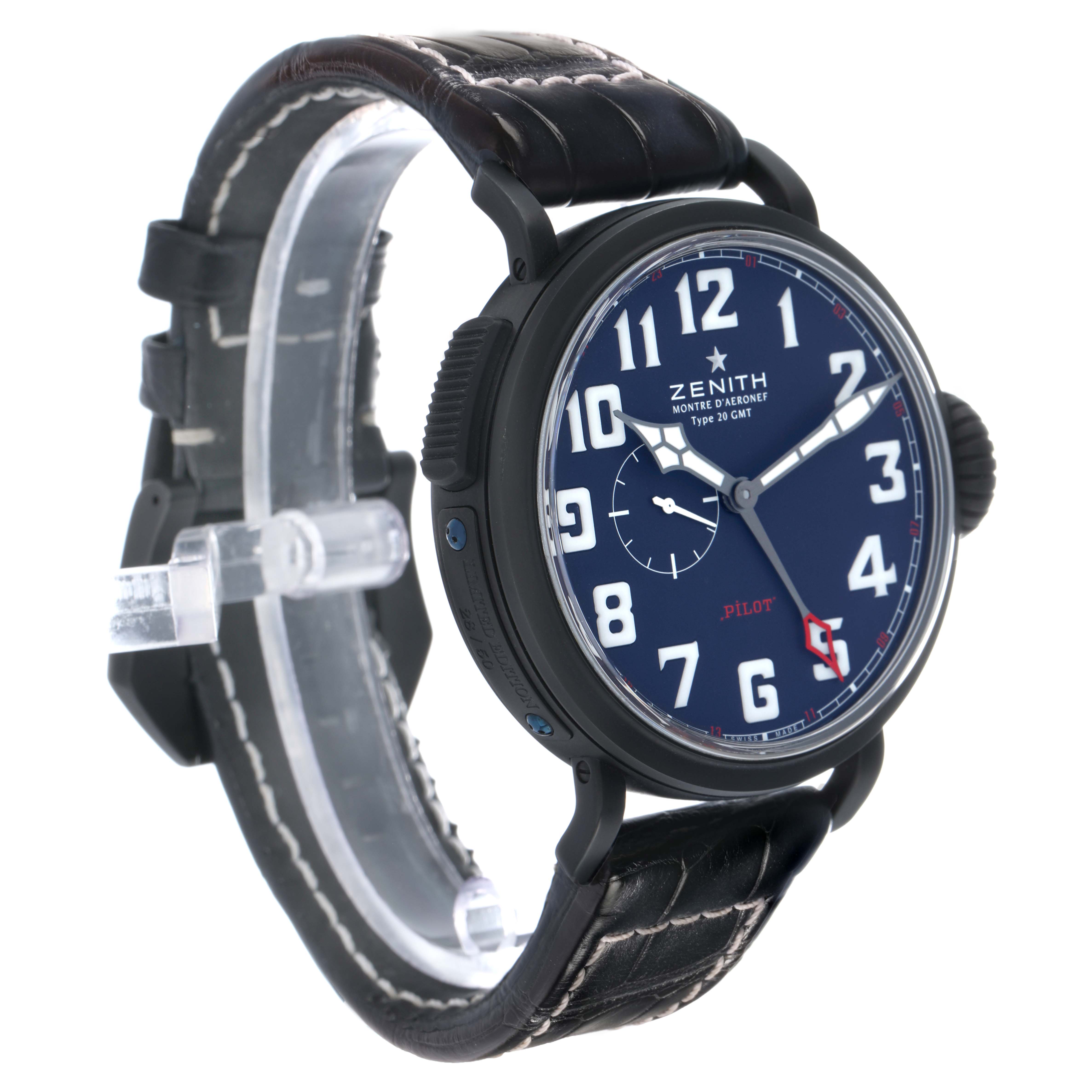 The image shows a side and front angle of the Zenith Pilot 96.2436.693 Men's Titanium Blue Dial watch, highlighting the dial, numerals, and leather strap.