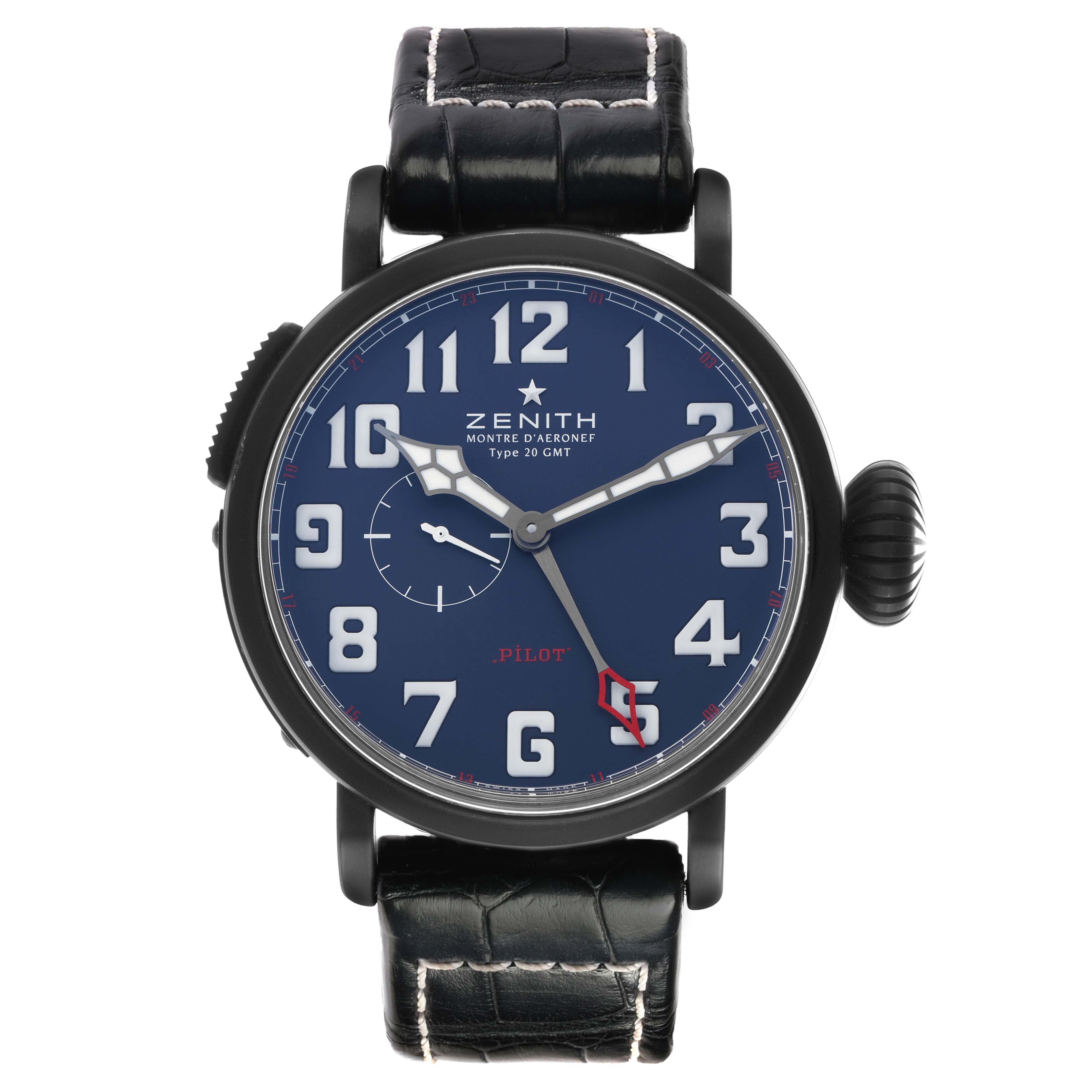 The Zenith Pilot 96.2436.693 Men's Titanium Blue Dial watch is shown from the front, displaying the dial, hands, crown, and strap.