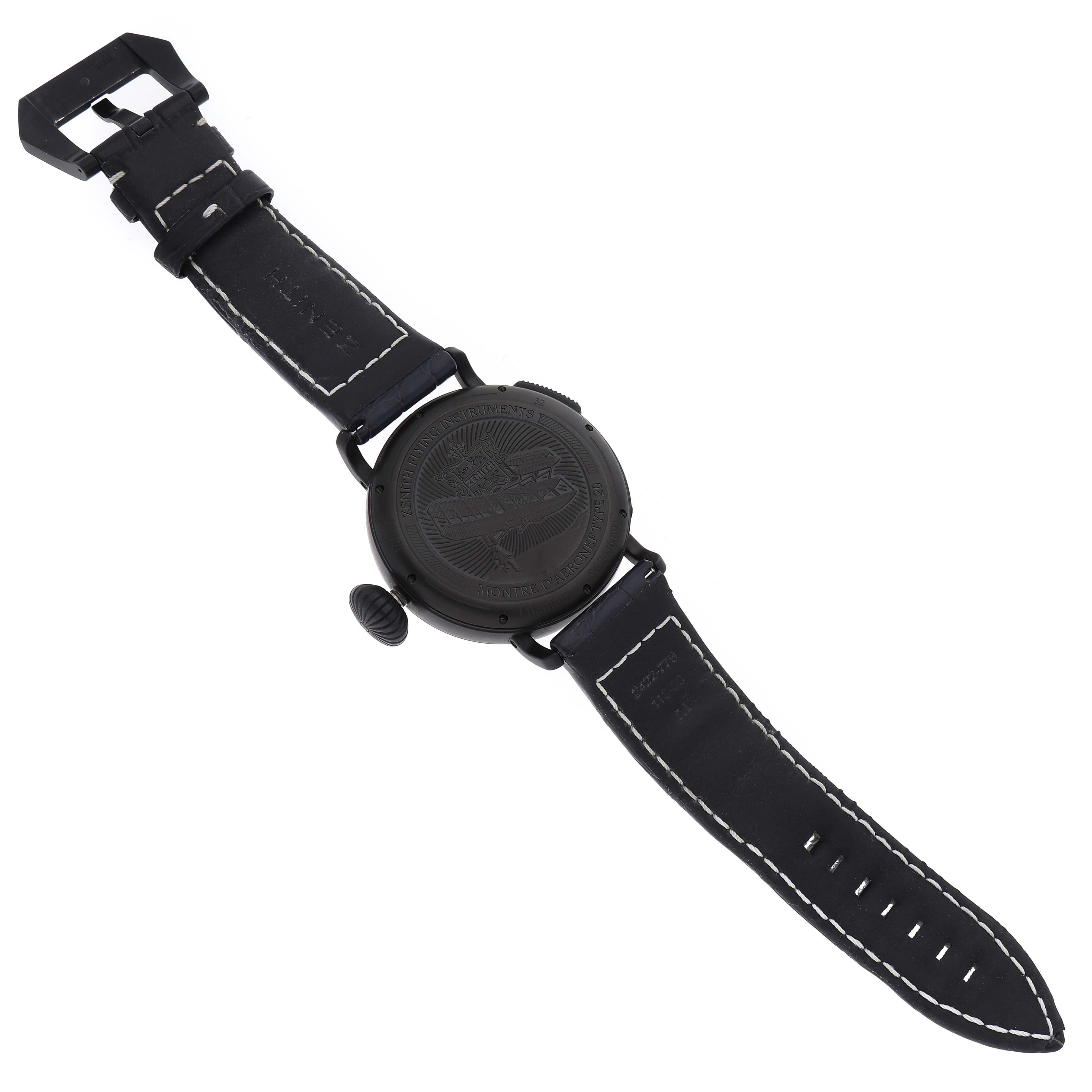 The Zenith Pilot 96.2436.693 Men's Titanium Blue Dial watch is shown from the back, featuring the case back, crown, and leather strap.