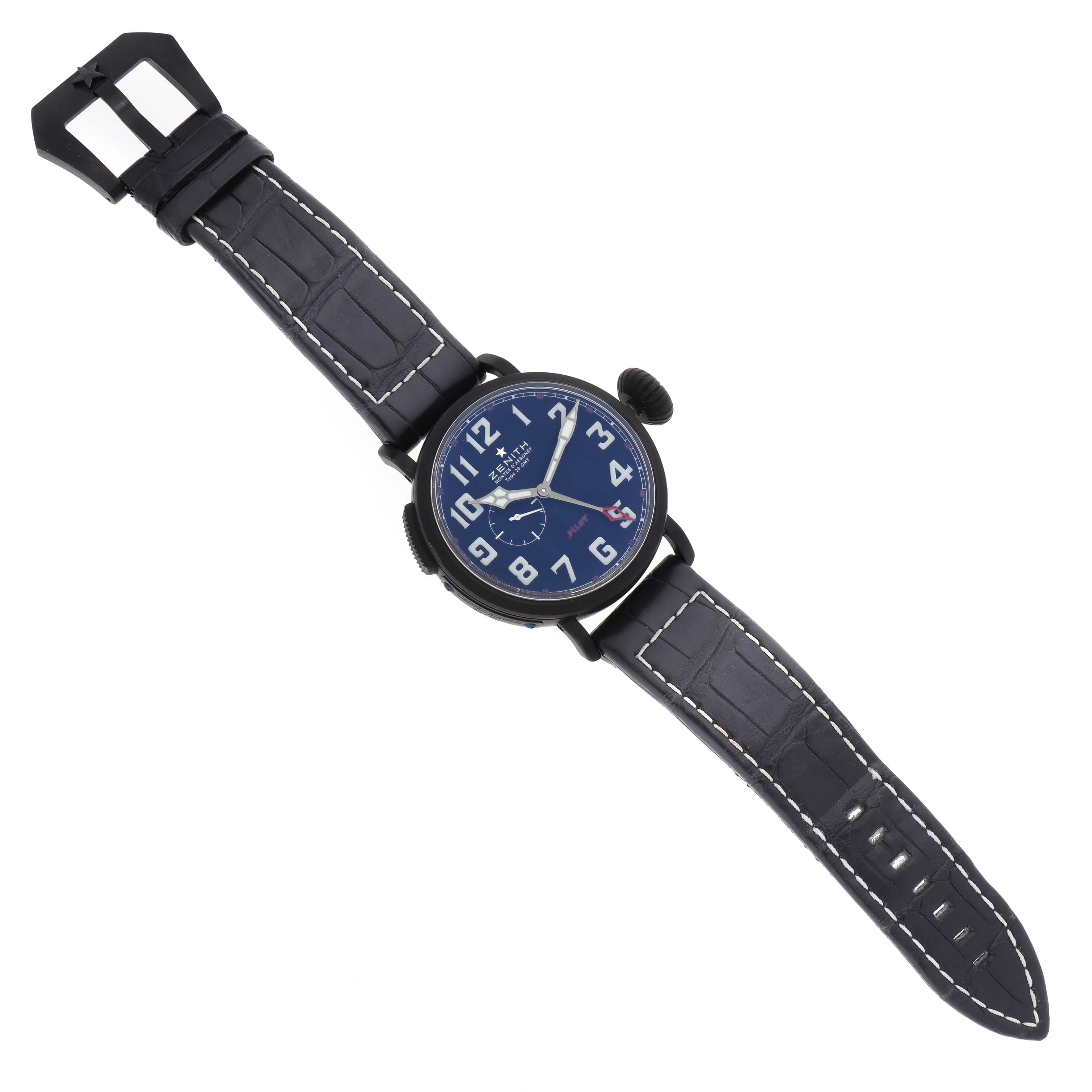 The Zenith Pilot 96.2436.693 Men's Titanium Blue Dial watch is shown from a slight overhead angle, highlighting the face, strap, and buckle.