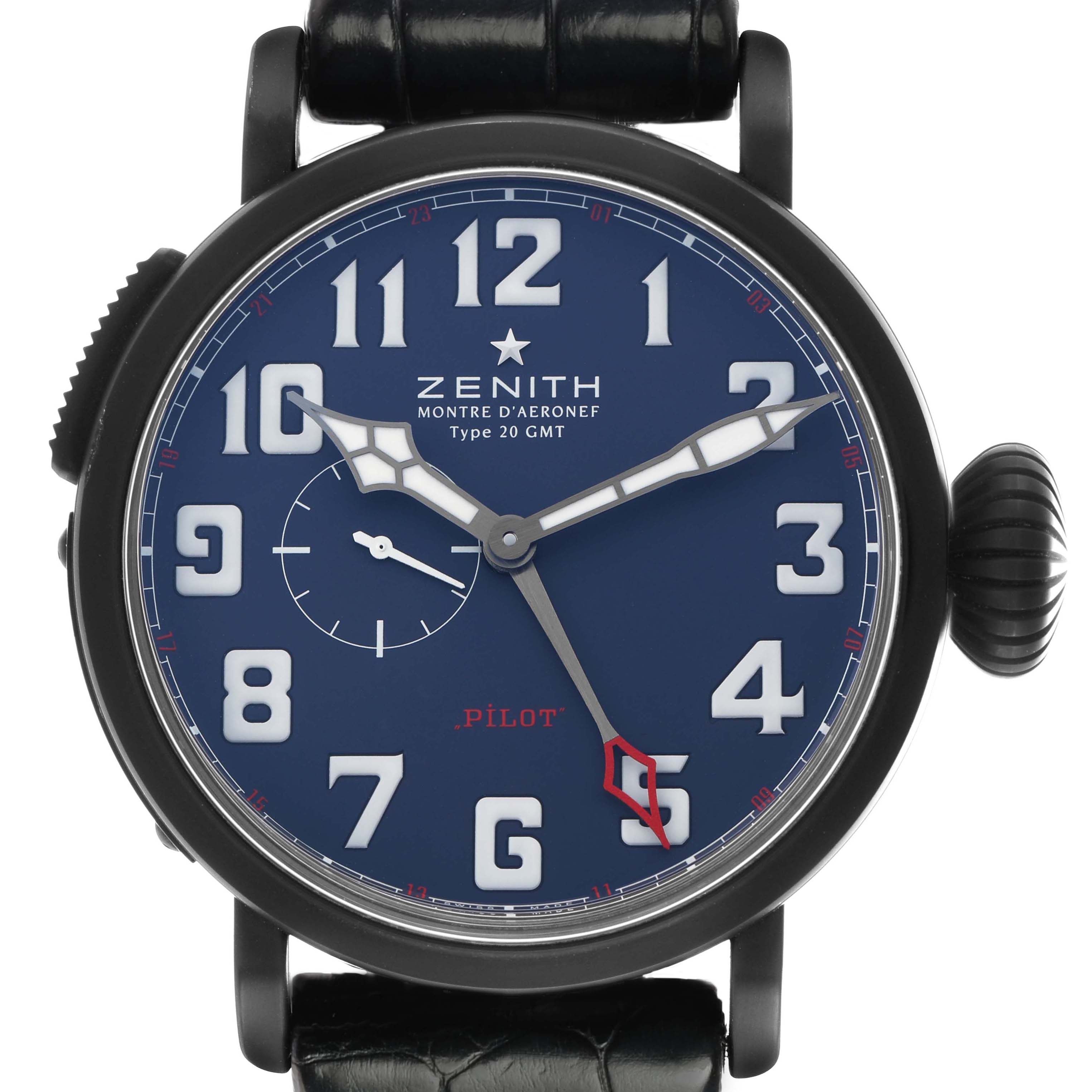 The Zenith Pilot 96.2436.693 Men's Titanium Blue Dial watch is shown from a front angle, displaying its blue dial, large numerals, and distinctive crown.