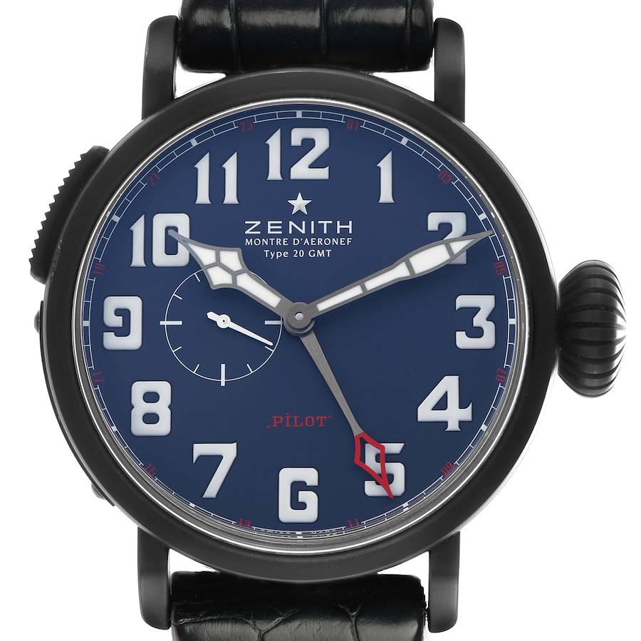 The Zenith Pilot 96.2436.693 Men's Titanium Blue Dial watch is shown from a front angle, displaying its blue dial, large numerals, and distinctive crown.