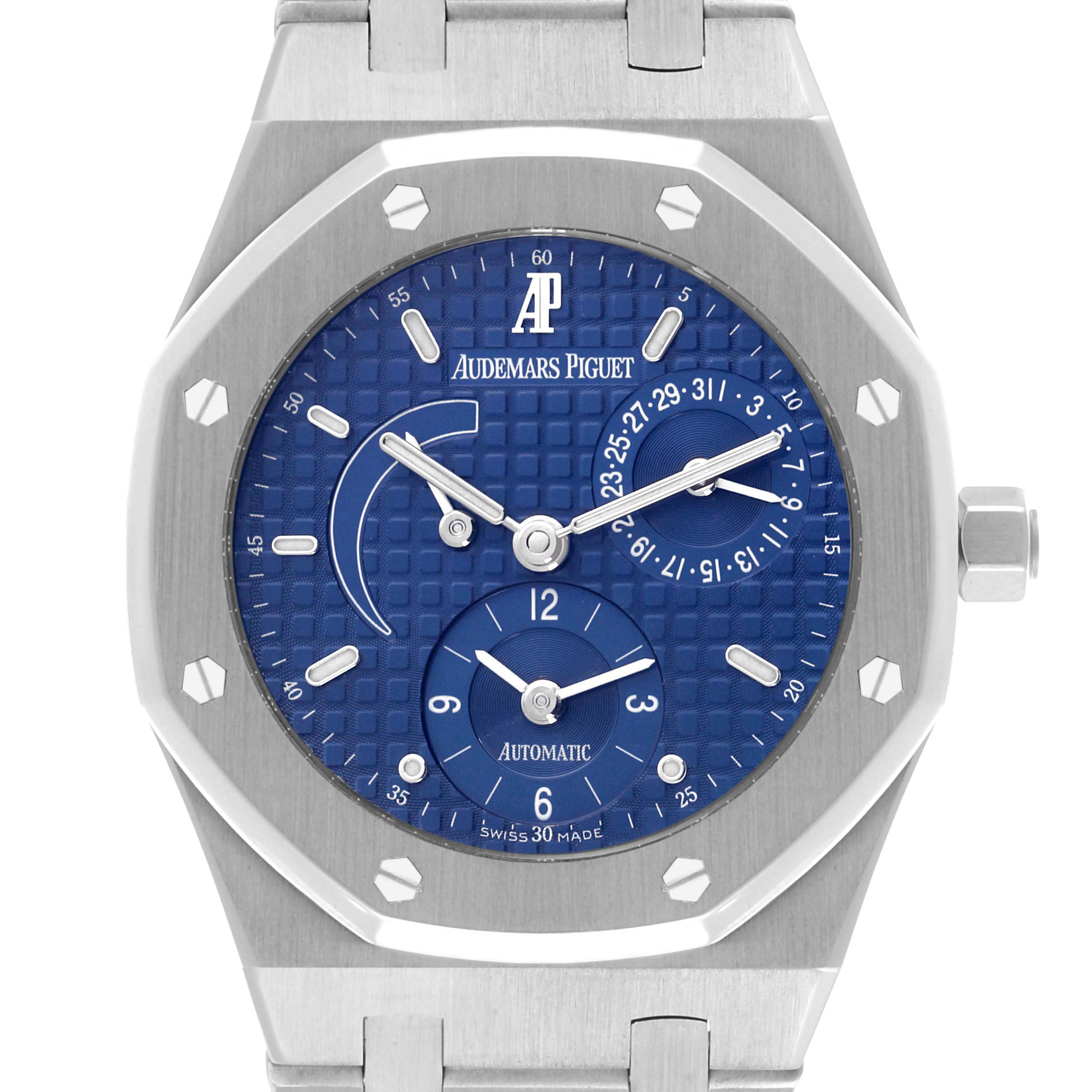 This image shows a front view of the Audemars Piguet Royal Oak 25730ST Men's Stainless Steel Blue Dial 25730ST Men's Stainless Steel Blue Dial, highlighting the dial, hands, and bezel design.
