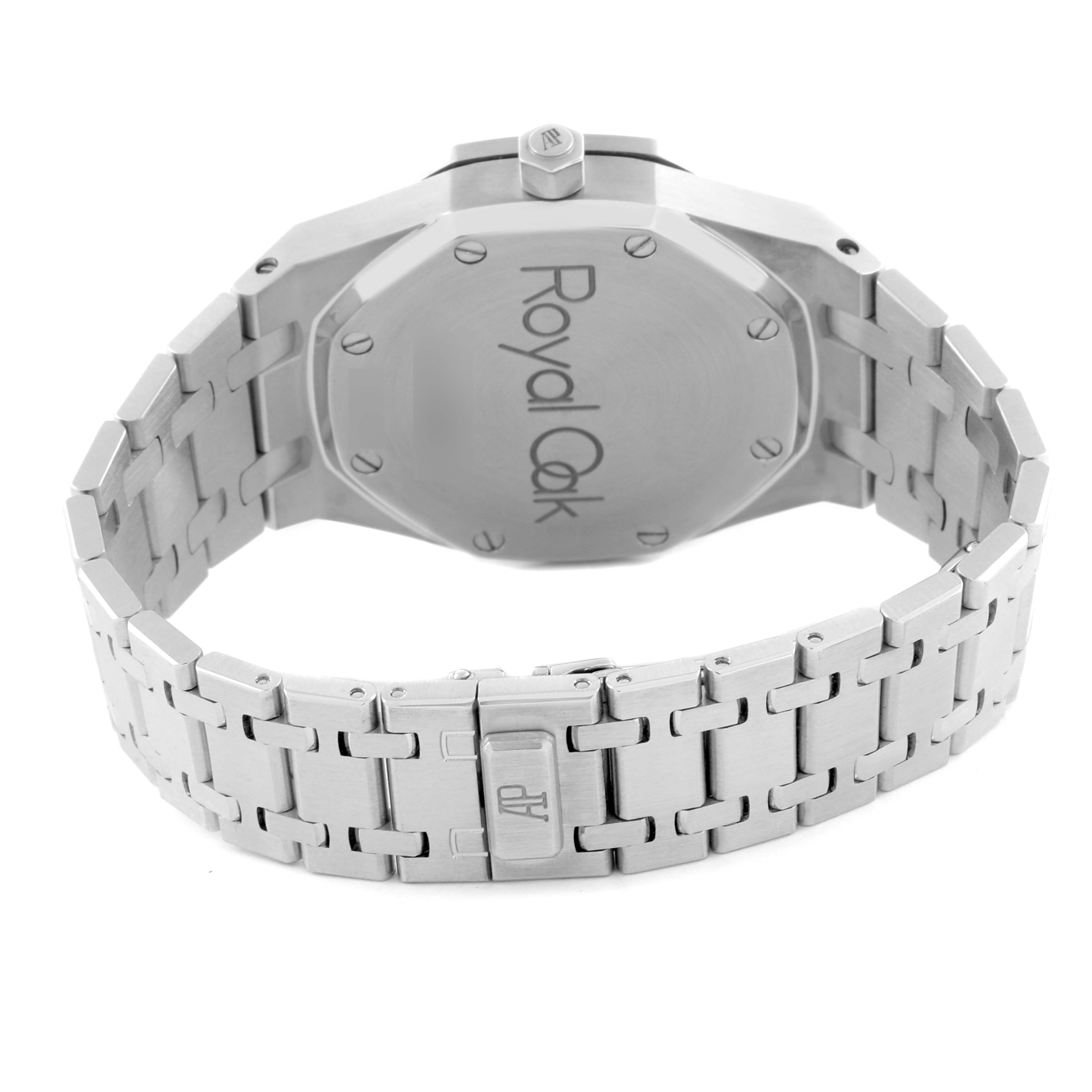 The image shows the back of the Audemars Piguet Royal Oak 25730ST Men's Stainless Steel Blue Dial 25730ST Men's Stainless Steel Blue Dial watch, highlighting its case back and bracelet.