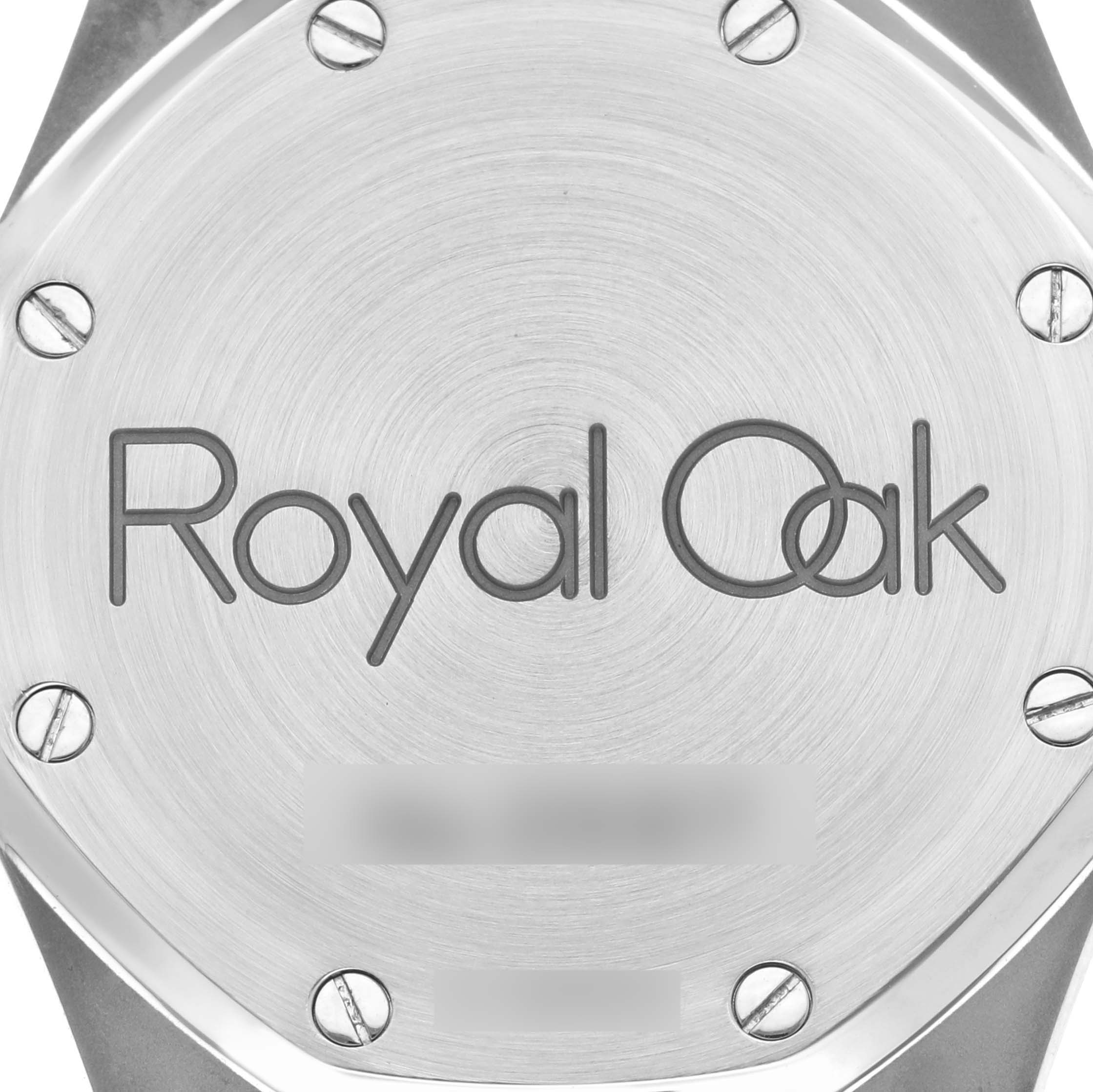 The image shows the case back of an Audemars Piguet Royal Oak 25730ST Men's Stainless Steel Blue Dial 25730ST Men's Stainless Steel Blue Dial watch with visible screws and engraved branding.