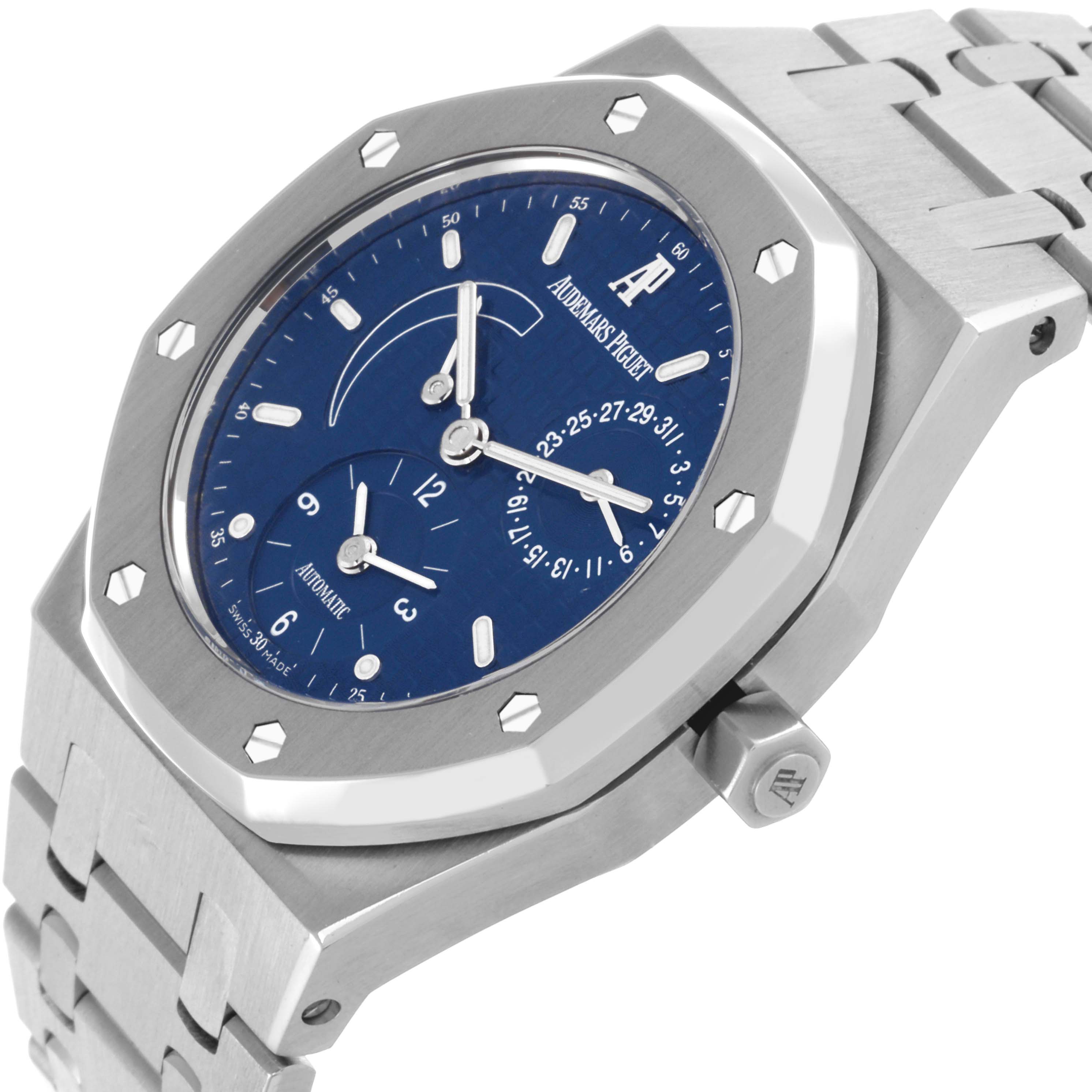 The Audemars Piguet Royal Oak 25730ST Men's Stainless Steel Blue Dial 25730ST Men's Stainless Steel Blue Dial is shown from a side angle, highlighting the dial, bezel, and integrated bracelet.