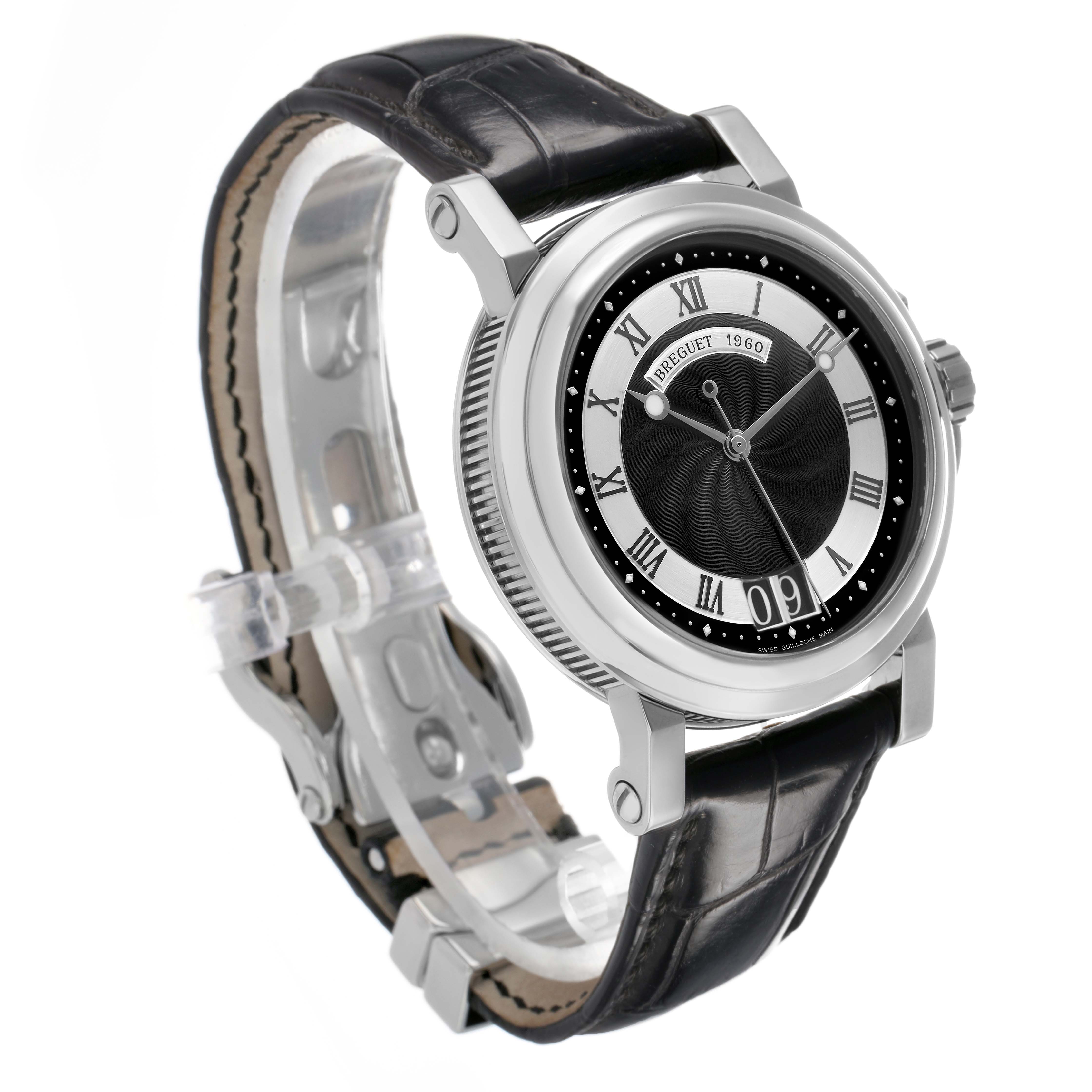 The Breguet Marine 5817BR Men's Stainless Steel Black Dial watch is shown at an angle highlighting the dial, bezel, and black strap.