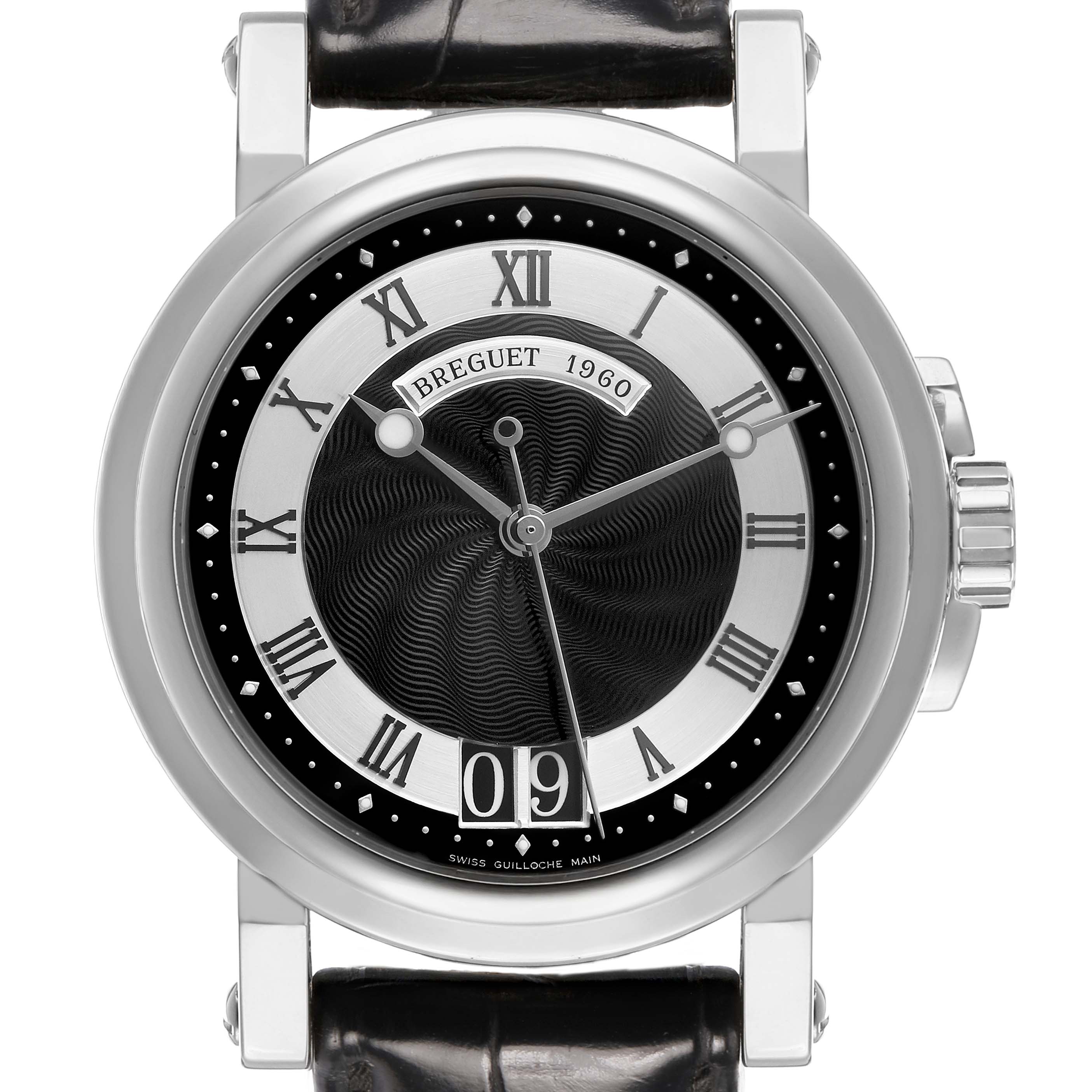The Breguet Marine 5817BR Men's Stainless Steel Black Dial watch is shown from a front view, highlighting the dial, Roman numerals, and crown.