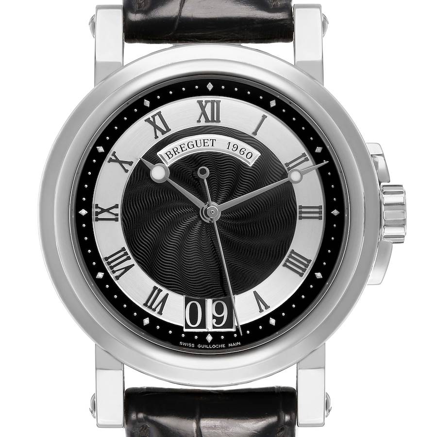 The Breguet Marine 5817BR Men's Stainless Steel Black Dial watch is shown from a front view, highlighting the dial, Roman numerals, and crown.