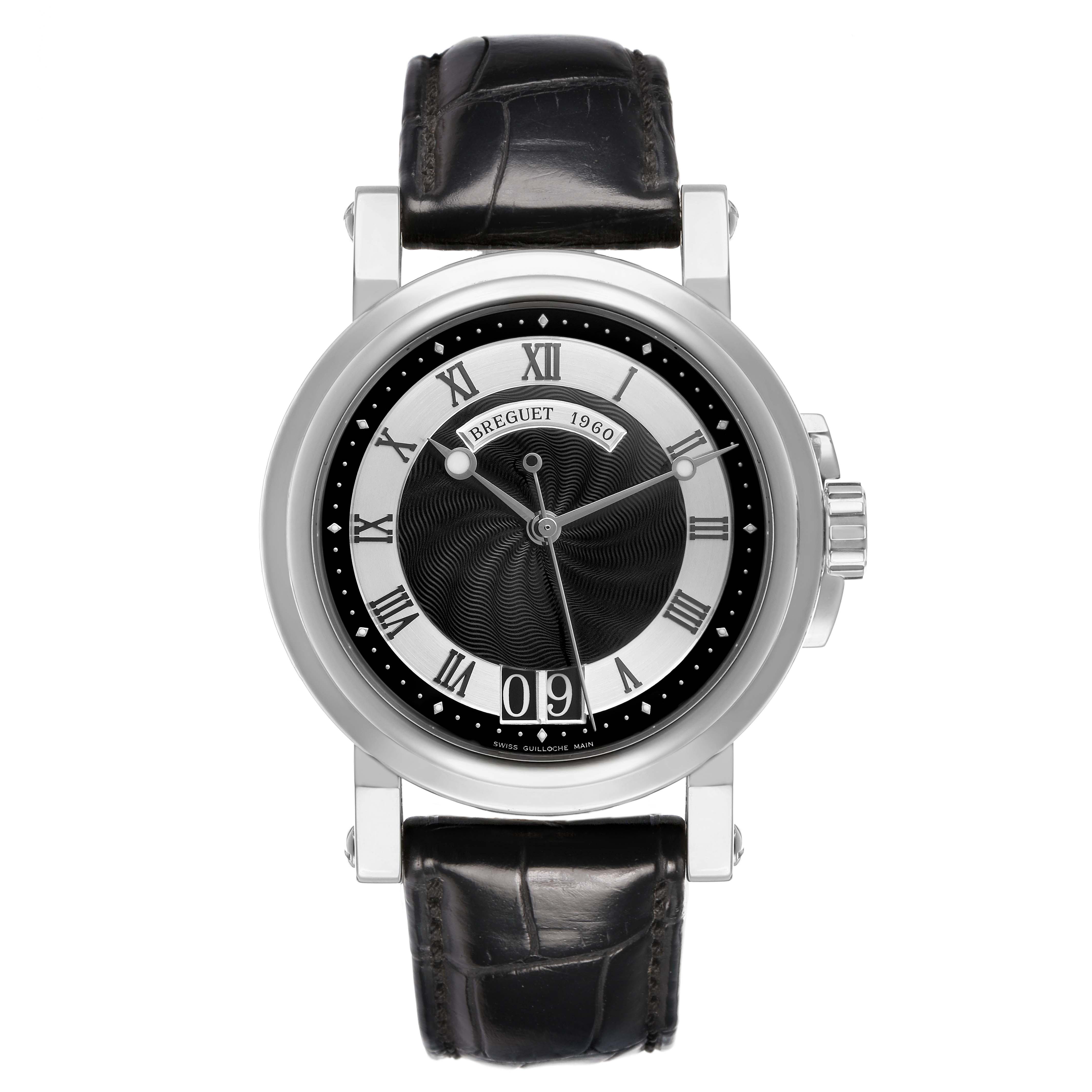 The Breguet Marine 5817BR Men's Stainless Steel Black Dial model is shown from a front angle, displaying the dial, Roman numerals, and leather strap.