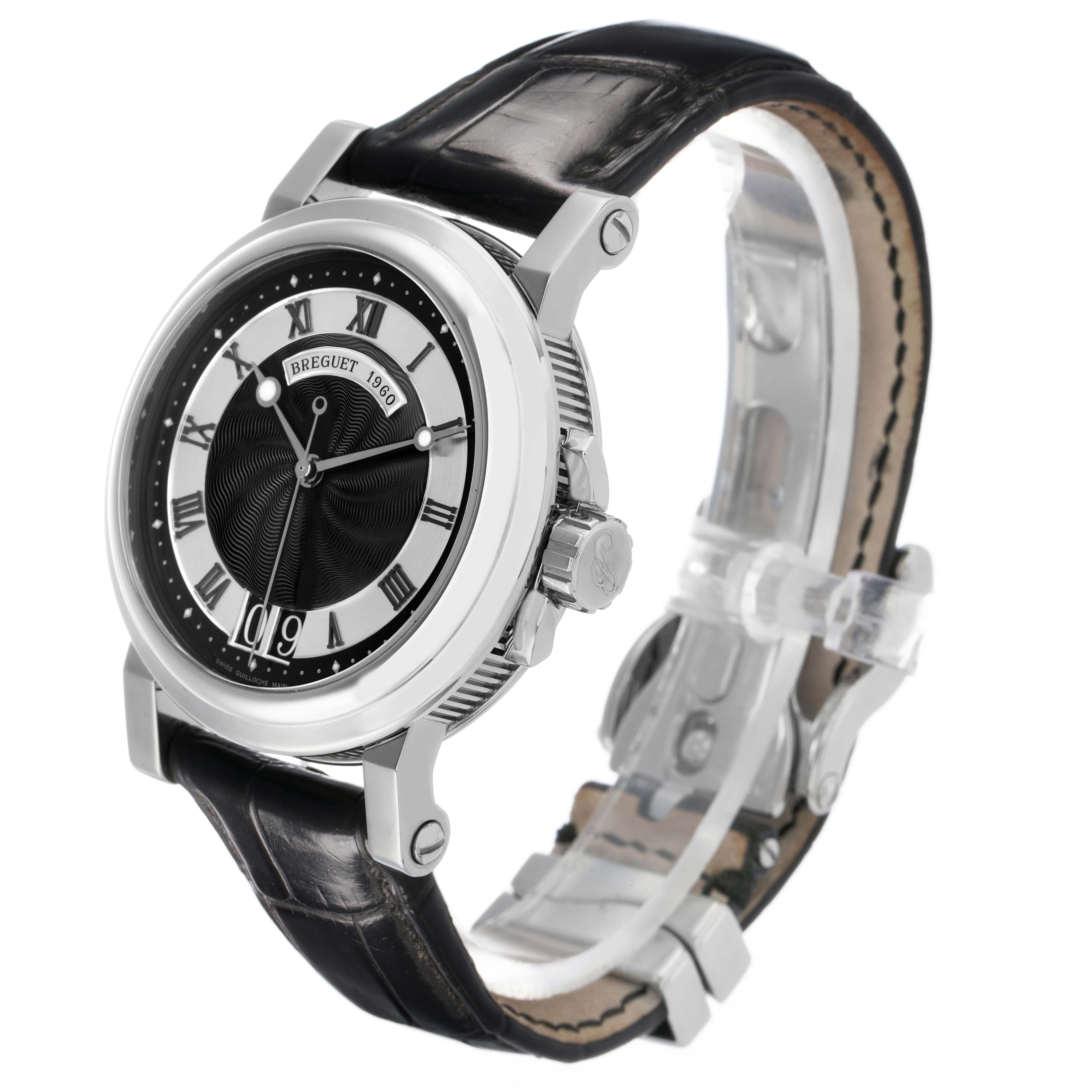 The Breguet Marine 5817BR Men's Stainless Steel Black Dial watch is angled to show its face, bezel, crown, and leather strap details.