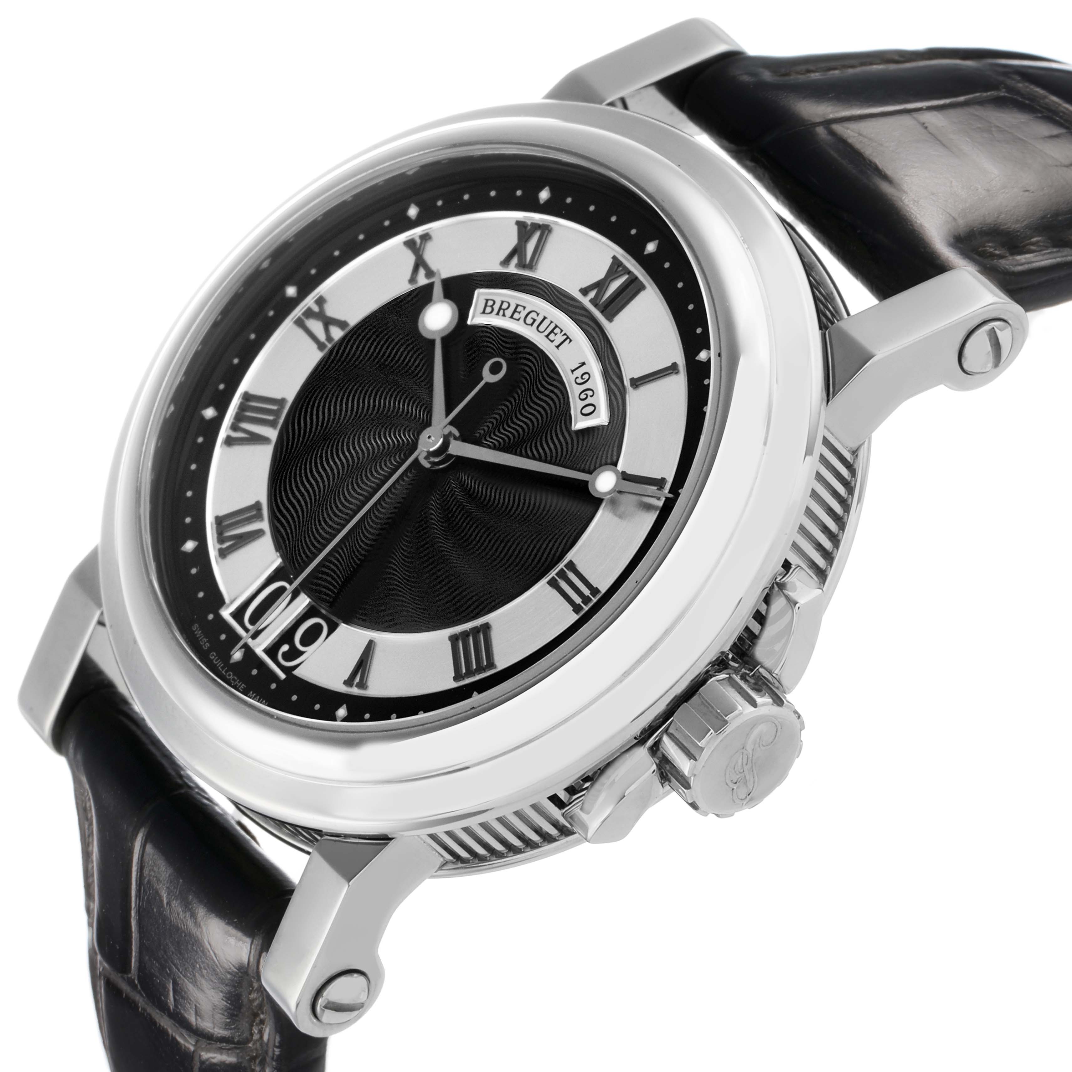 The Breguet Marine 5817BR Men's Stainless Steel Black Dial watch is shown at an angle highlighting the dial, Roman numerals, and a part of the strap and crown.