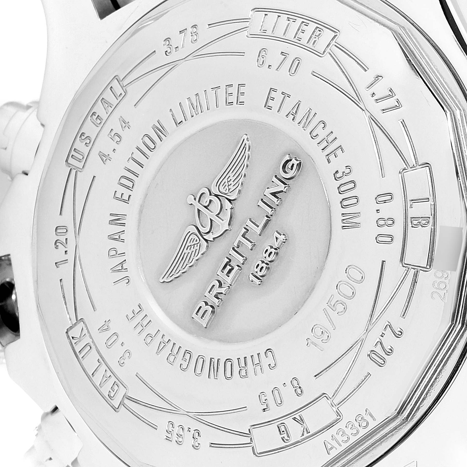 This image shows the back case of a Breitling Avenger A13381 Men's Stainless Steel White Dial A13381 Men's Stainless Steel White Dial watch, detailing its model and limited-edition information.