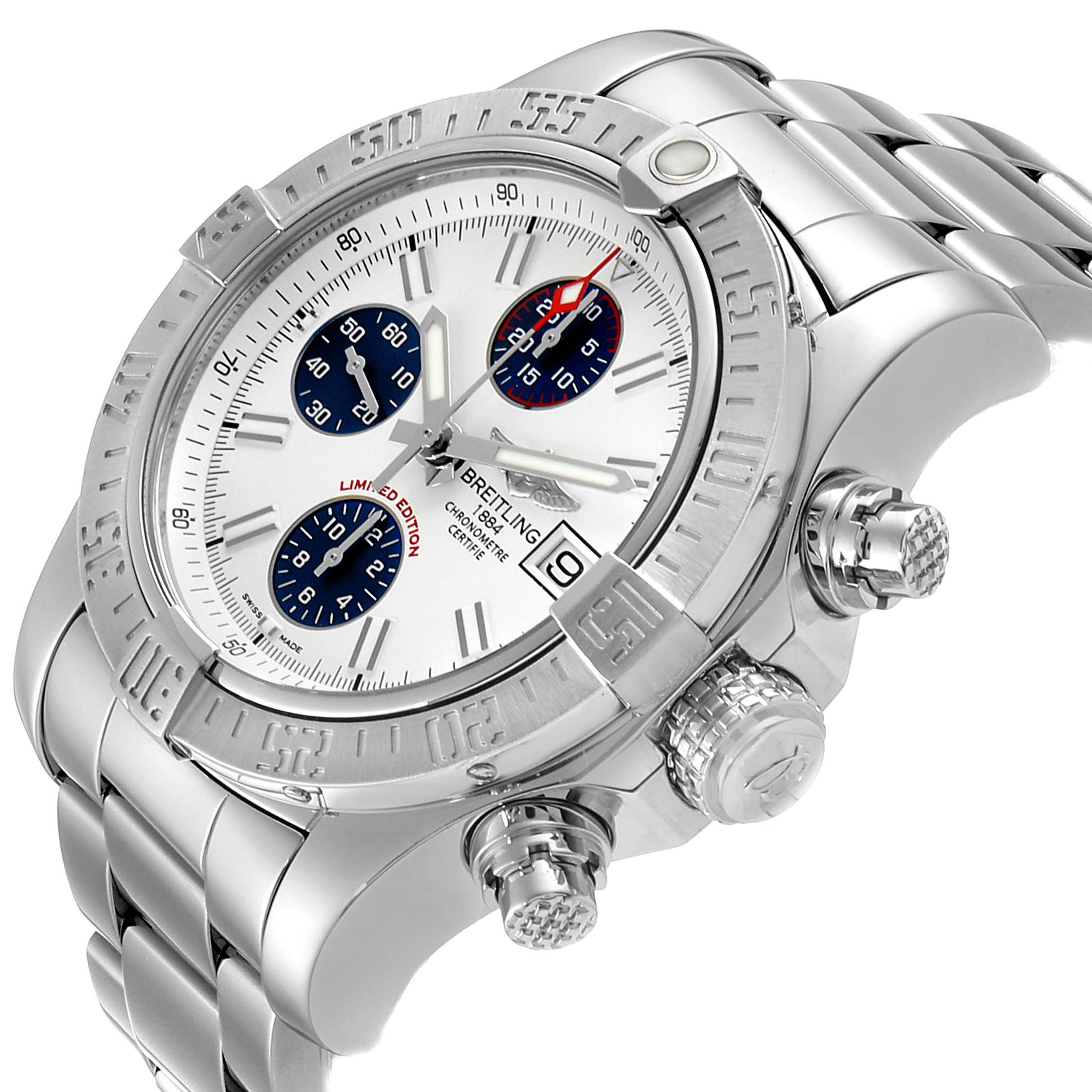 The photo shows a Breitling Avenger A13381 Men's Stainless Steel White Dial A13381 Men's Stainless Steel White Dial watch at a slight angle, highlighting its face, bezel, crown, and stainless steel bracelet.