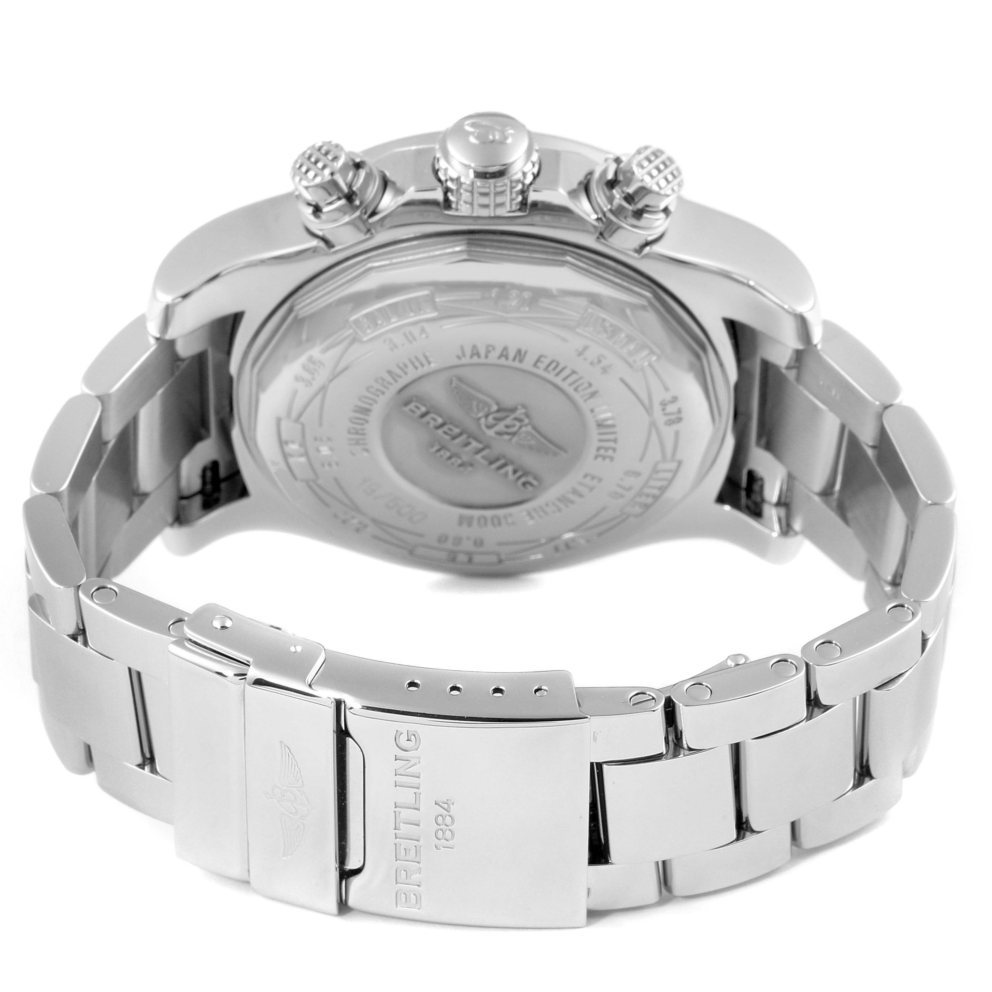 The image shows the back case and metal bracelet of a Breitling Avenger A13381 Men's Stainless Steel White Dial A13381 Men's Stainless Steel White Dial watch, highlighting the clasp and the engraved details.