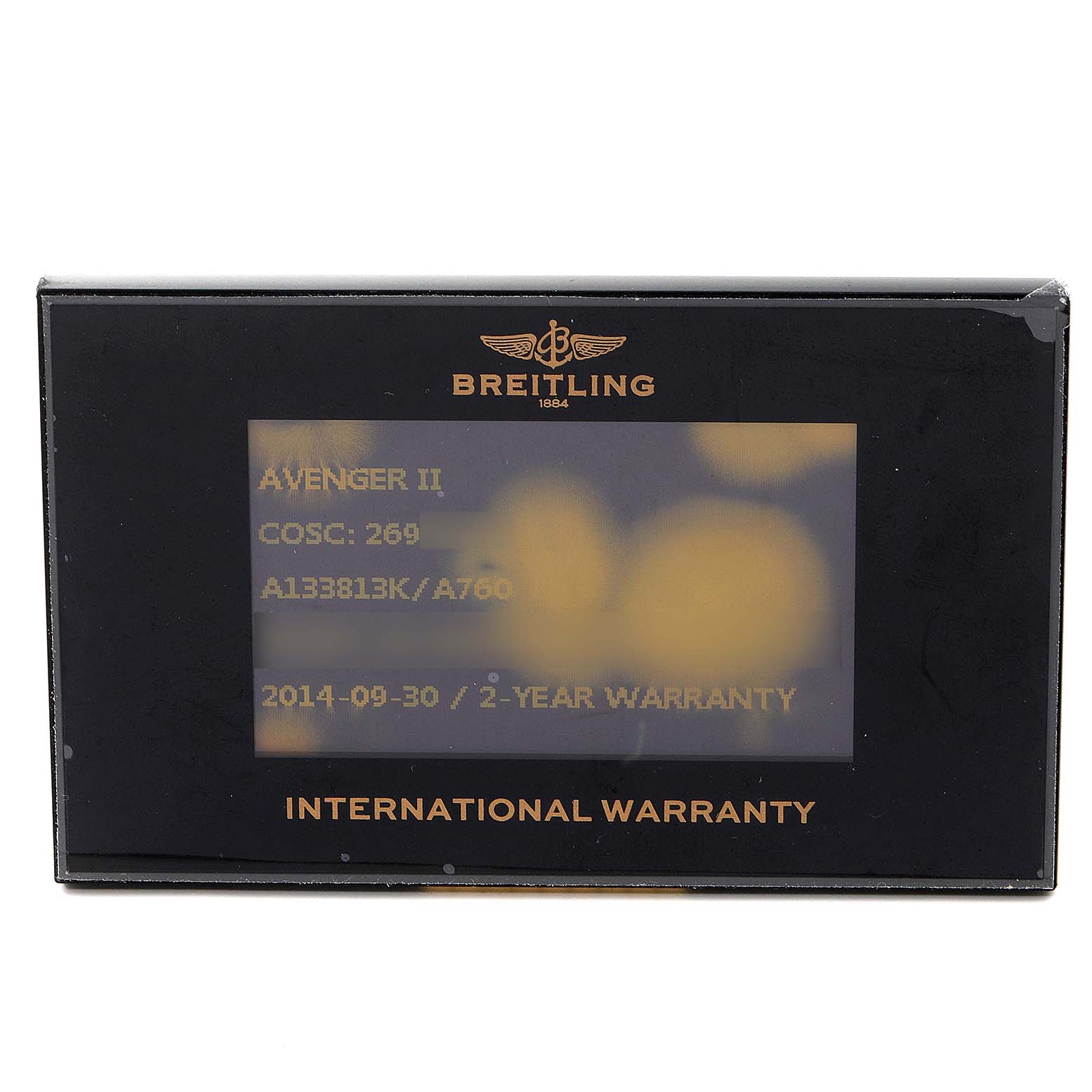 The image shows an International Warranty card for a Breitling Avenger A13381 Men's Stainless Steel White Dial A13381 Men's Stainless Steel White Dial II watch.
